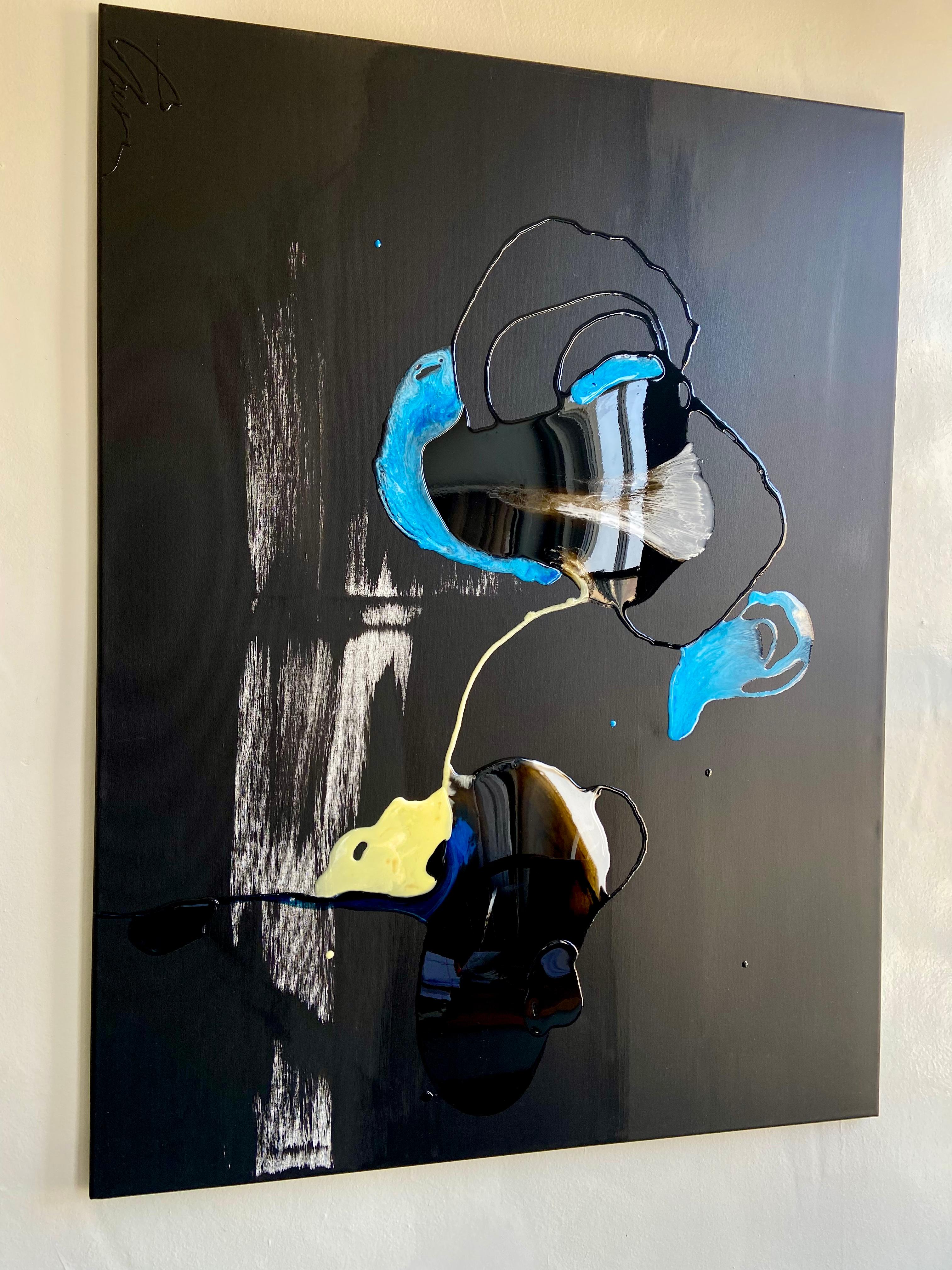 Liquid in Ventricles - abstract painting made in black, blue, yellow, white colo - Painting by Lena Cher