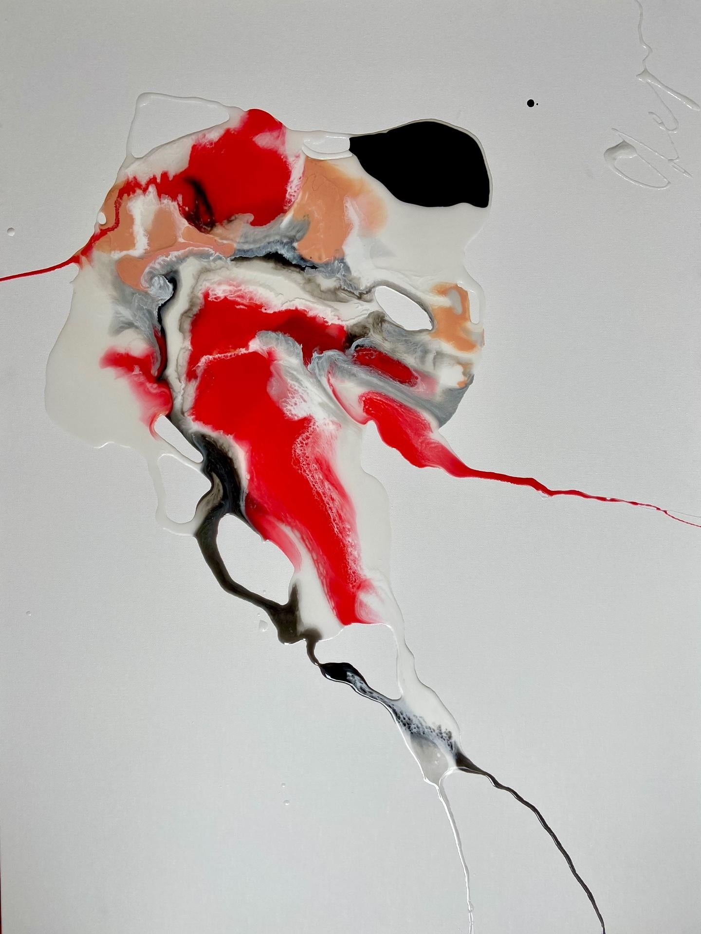 Man's Heart (Cœur humain) - peinture abstraite en rouge, noir, blanc, couleur pêche - Gris Abstract Painting par Lena Cher