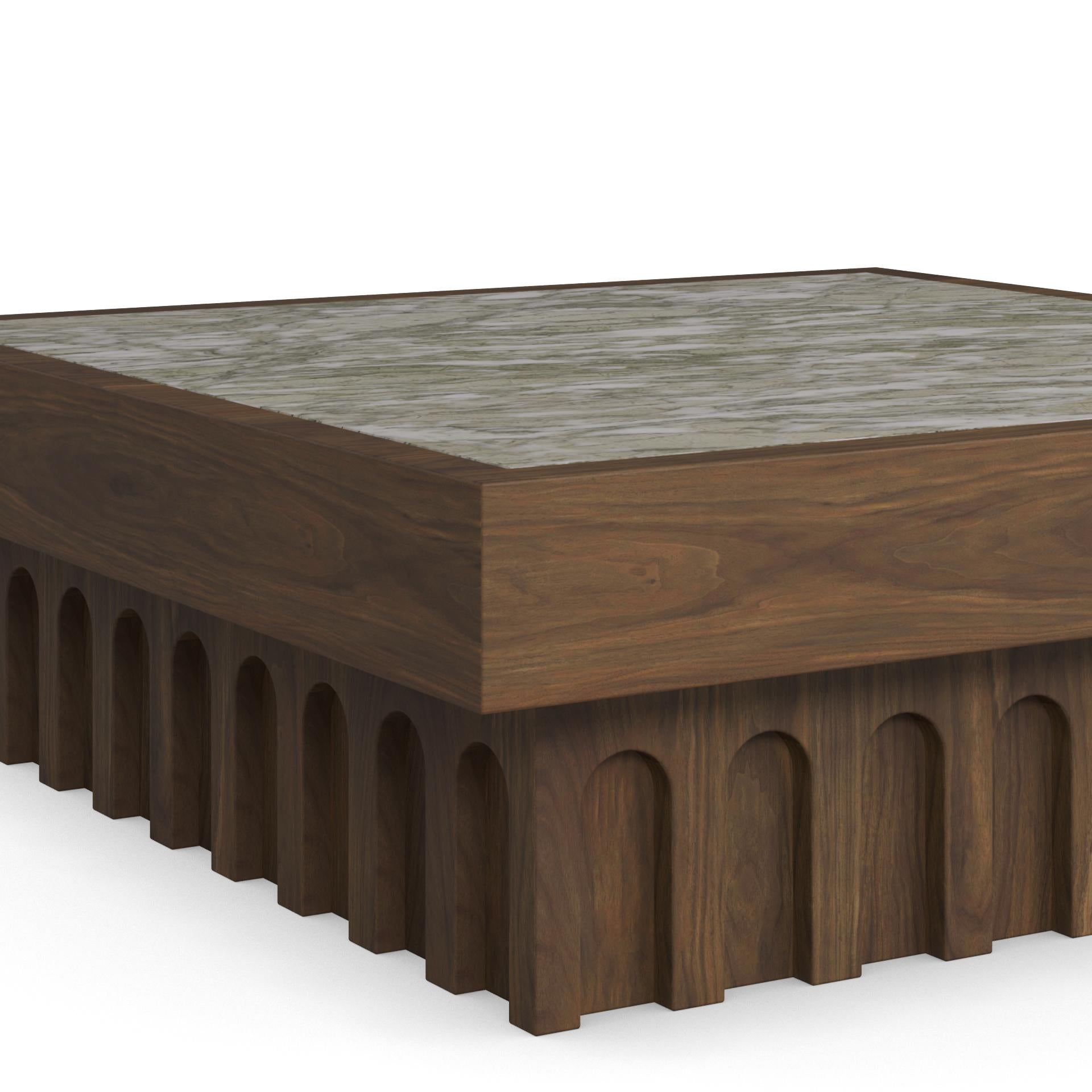 Fait main Léna Coffee Table by Nolita Harbour: Persian Green Marble, Walnut textured Base en vente