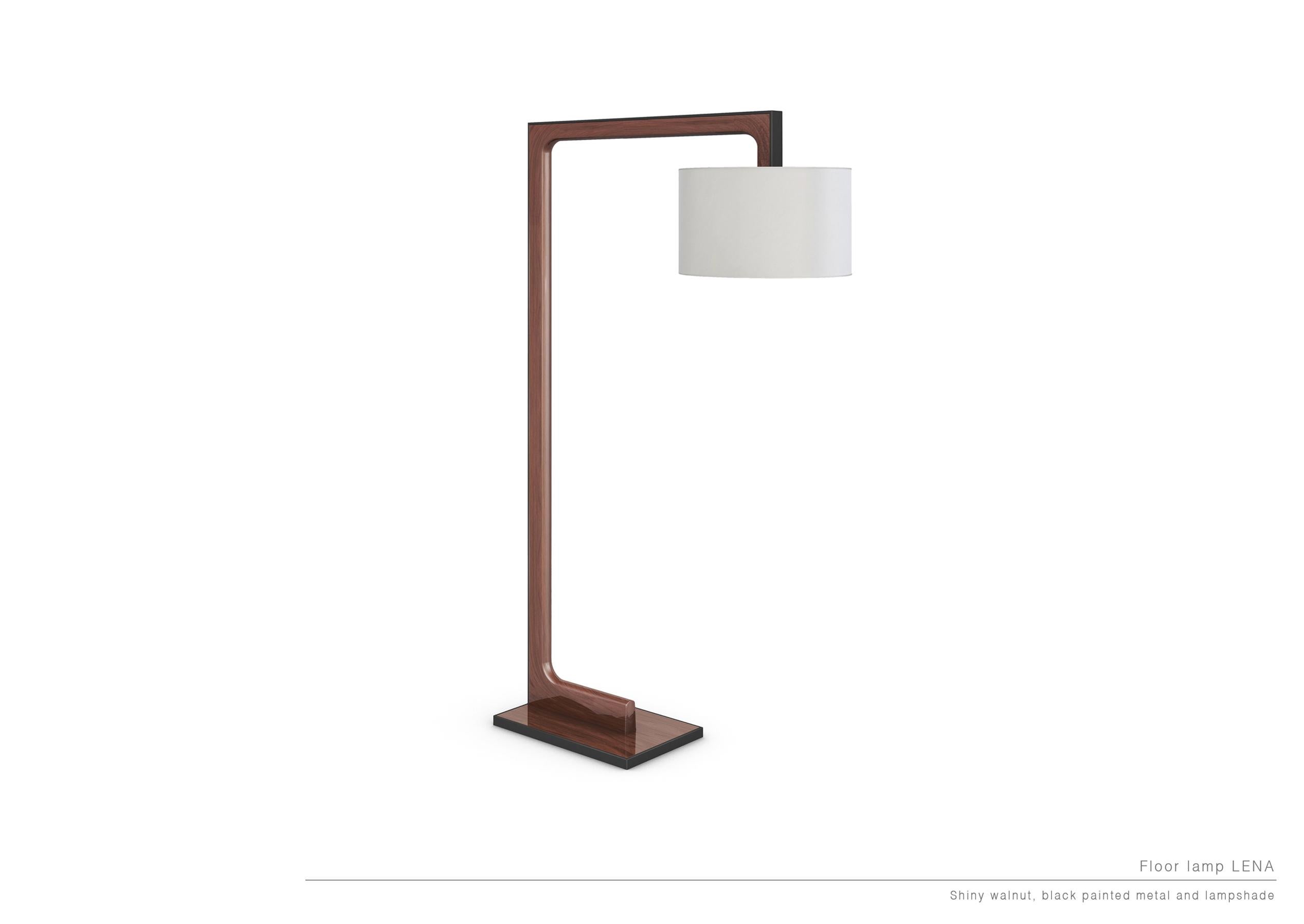 Lena floor lamp with paper shade by LK Edition.
Limited edition. 
Dimensions: 92.5 x 35 x H 183 cm 
Materials: Glossy varnished walnut, black metal. Paper shade. 
Also sold without paper shade.. 

It is with the sense of detail and