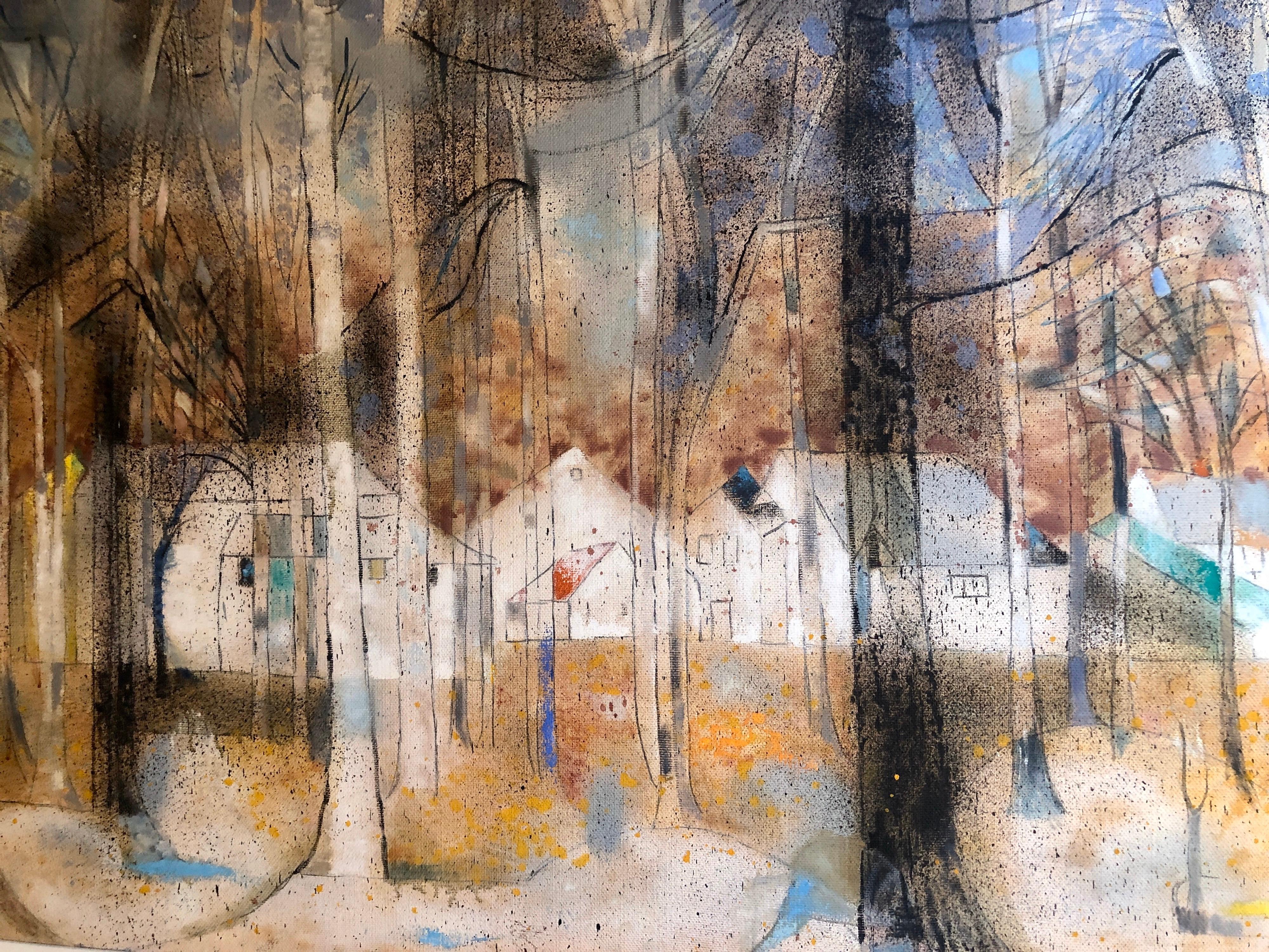 American Woman Artist Modernist Large Oil Painting Cubist Influenced Landscape - Beige Landscape Painting by Lena Gurr
