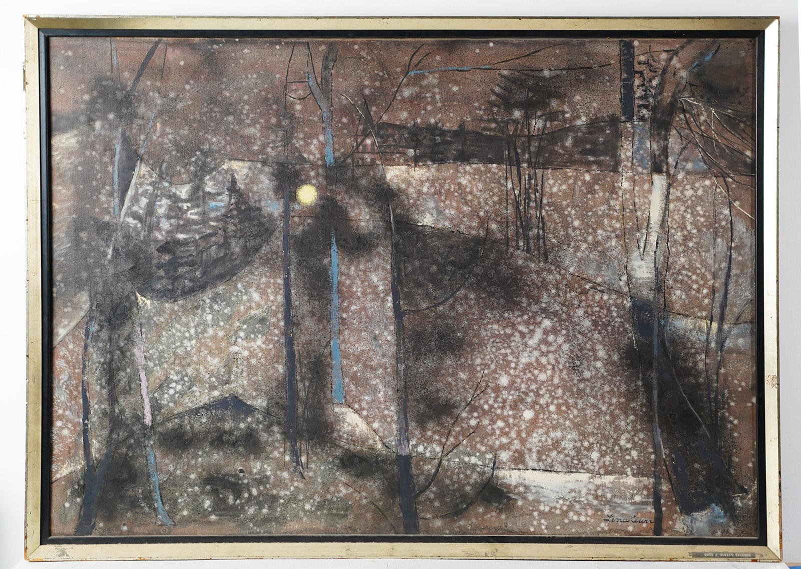 Gran Cuadro al Óleo Modernista Surrealista Paisaje Invernal Nocturno Firmado - Painting Moderno de Lena Gurr