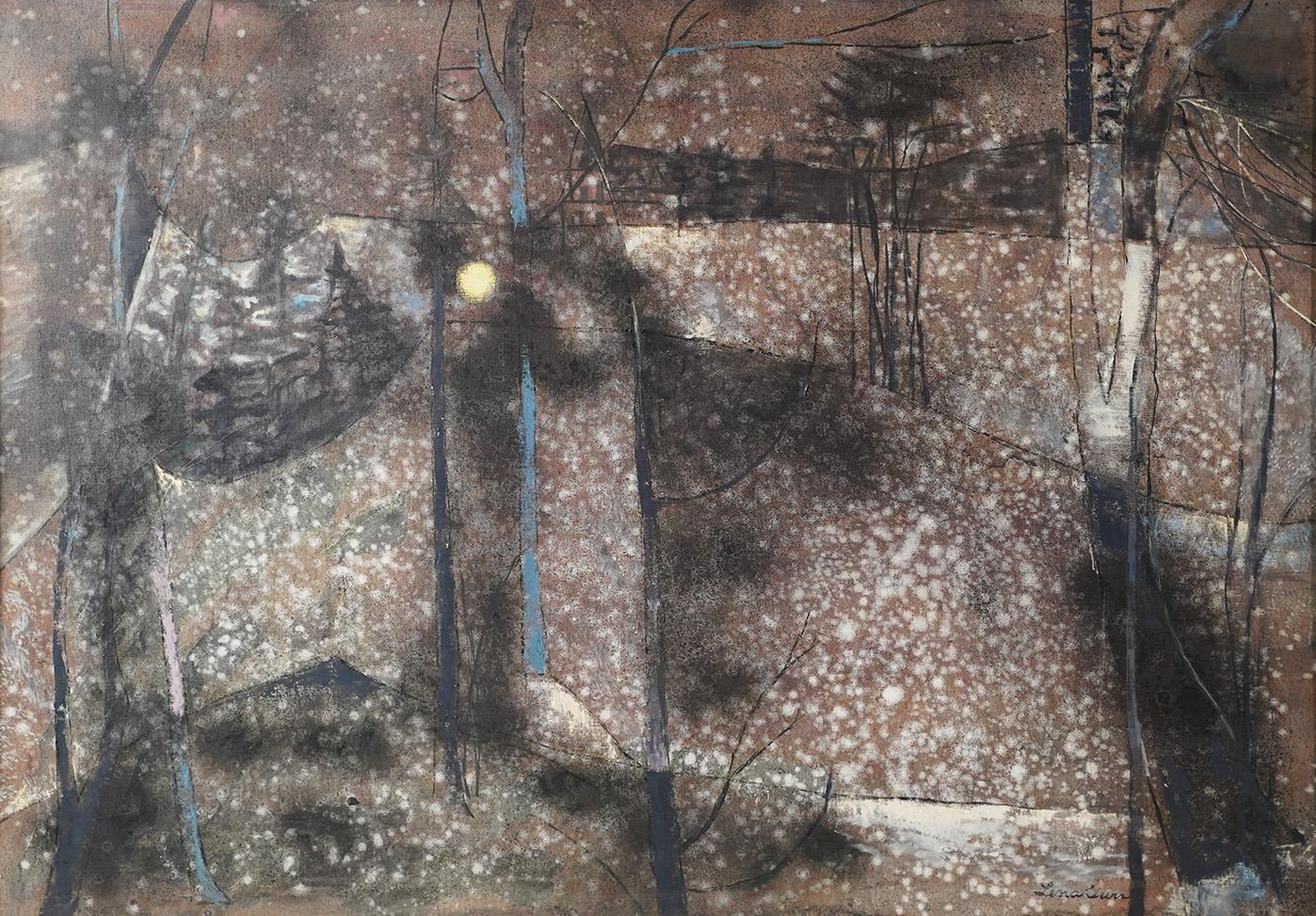 Grande peinture à l'huile moderniste d'un paysage d'hiver réaliste et surréaliste exposée, signée, signée - Gris Abstract Painting par Lena Gurr
