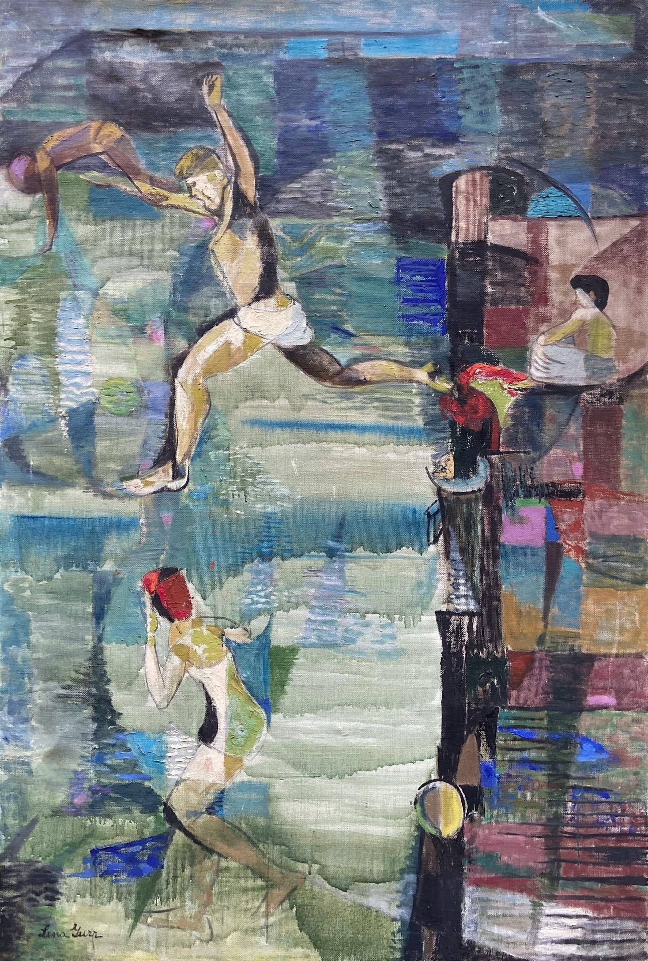 Lena Gurr Figurative Painting - Summer in the City, Large Semi-Abstract 20th Century Oil Painting, Female Artist