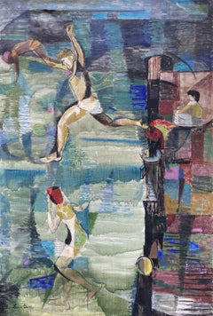 Sommer in der Stadt, großes halb-abstraktes Ölgemälde des 20. Jahrhunderts, weibliche Künstlerin
