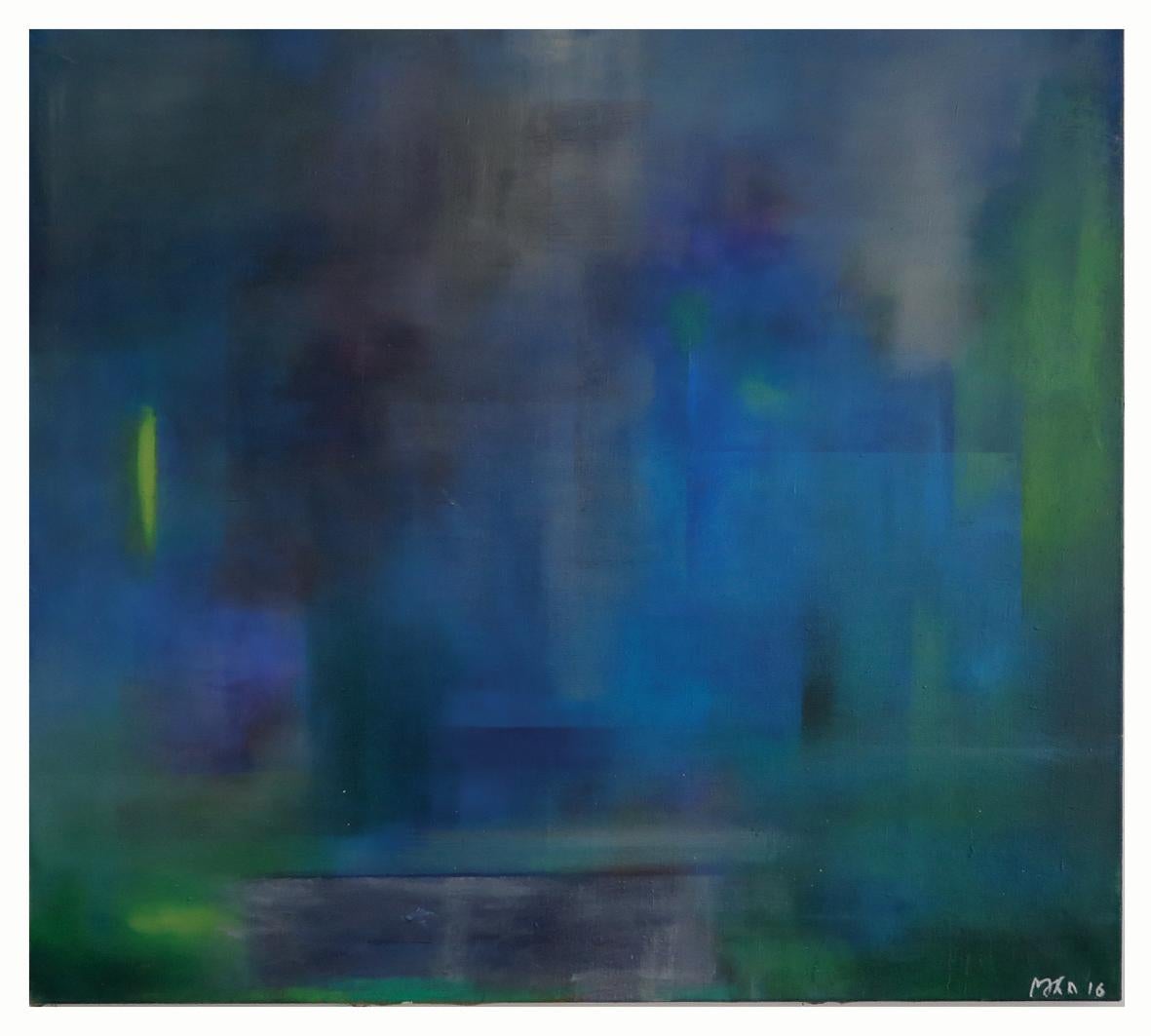 This 35.43" x 39.37" oil on canvas painting is by Lithuanian artist, Lena Khvichia. This abstract utilizes an interplay of blues and greens, creating a dynamic visual experience. The composition relies heavily on color-field techniques, where broad