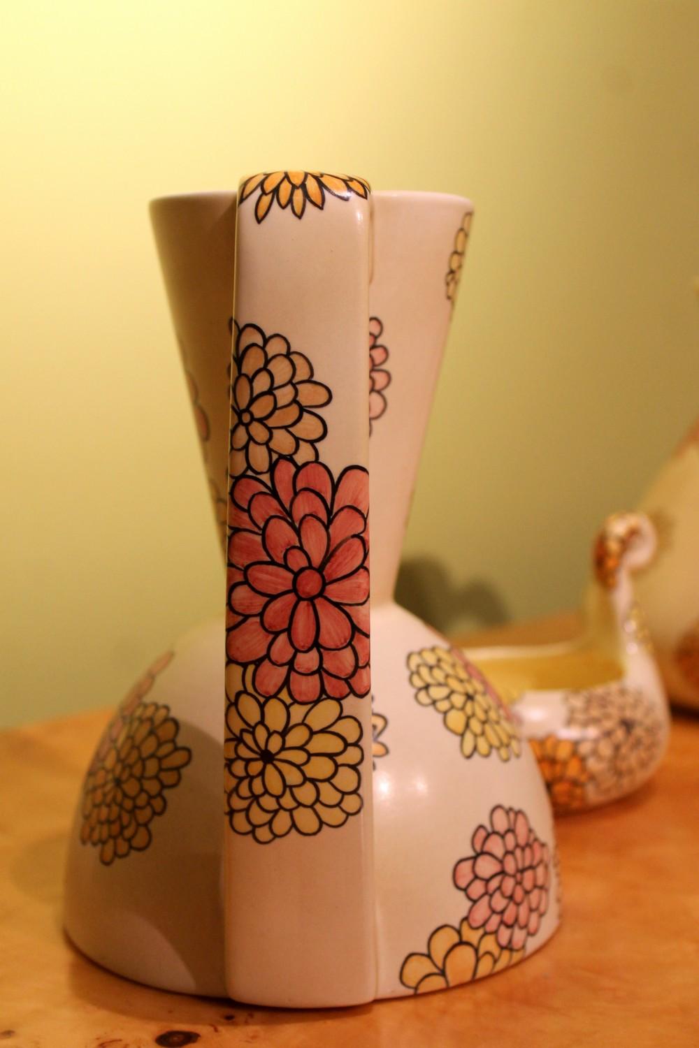 Painted Lenci Italian Art Deco Ceramic Jug, Pitcher and Tray Set with Floral Patterns For Sale