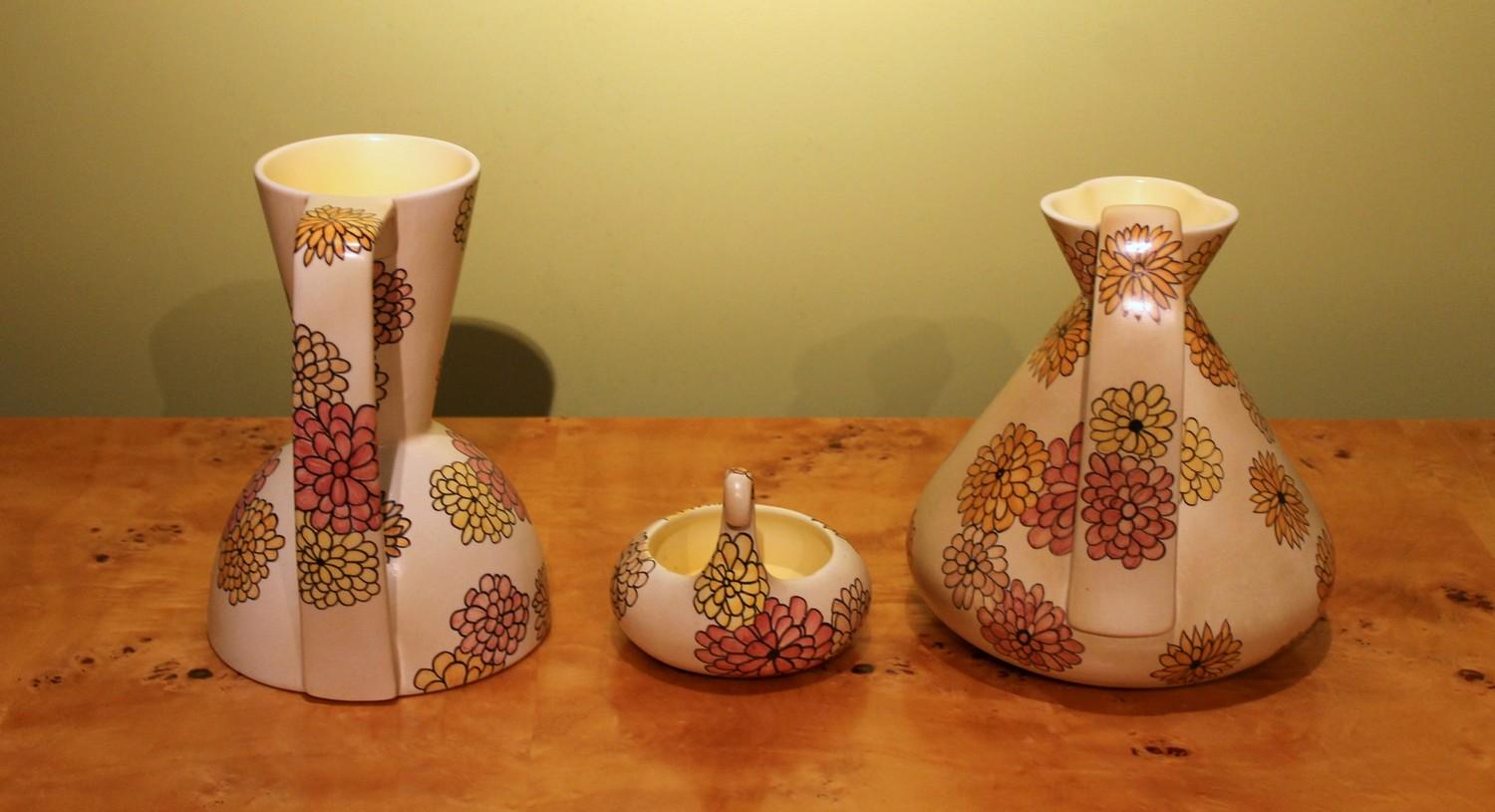20th Century Lenci Italian Art Deco Ceramic Jug, Pitcher and Tray Set with Floral Patterns For Sale