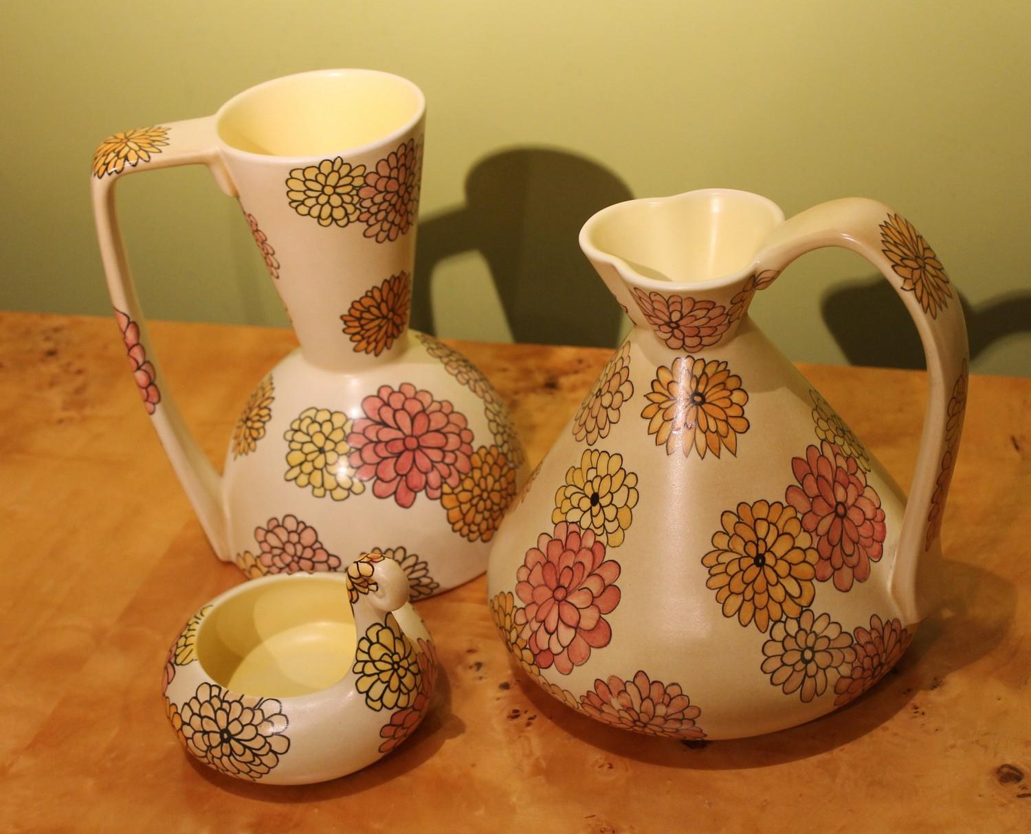 Lenci Italian Art Deco Ceramic Jug, Pitcher and Tray Set with Floral Patterns For Sale 3