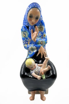 Lenci Torino Art Deco Porcelain Figurine of Mother and Child, Model XII, Italy