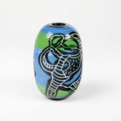 Lene Regius Handcrafted Ceramic Vase with Blue Green Glaze and Graphic Motif