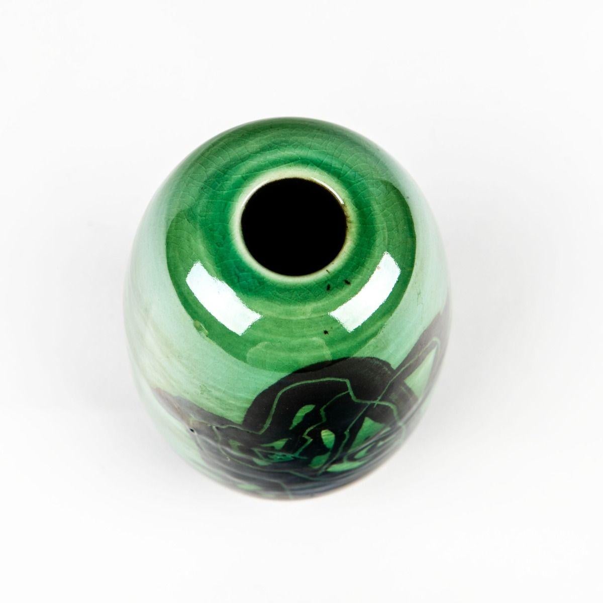 Danish Lene Regius Handcrafted Ceramic Vase with Green Glaze and Graphic Motif, Signed For Sale