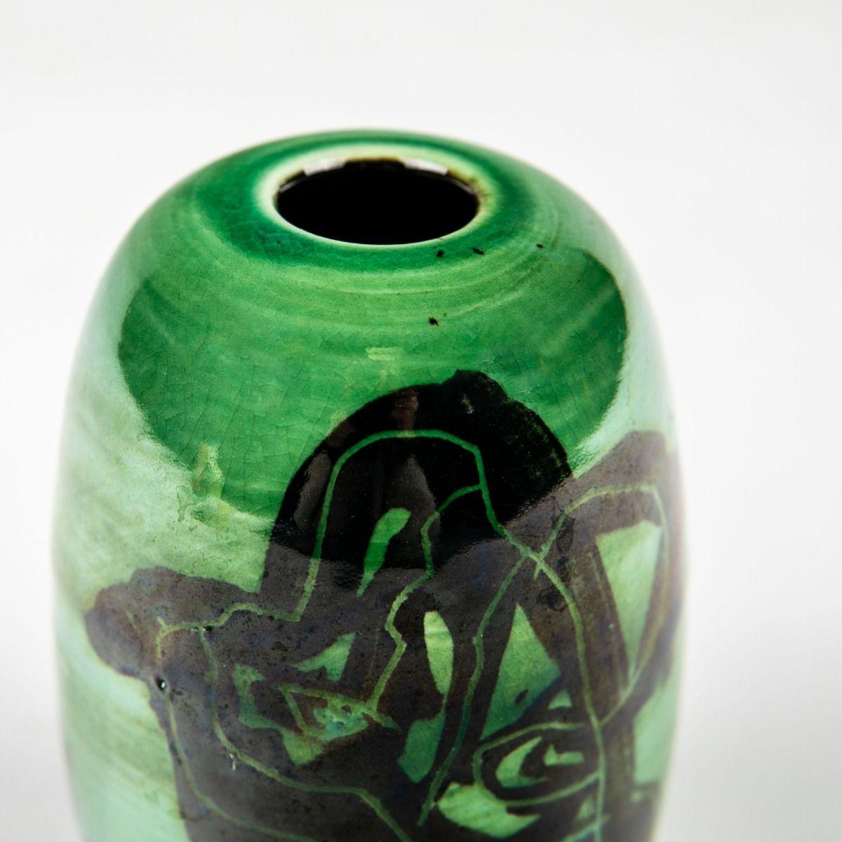 Glazed Lene Regius Handcrafted Ceramic Vase with Green Glaze and Graphic Motif, Signed For Sale