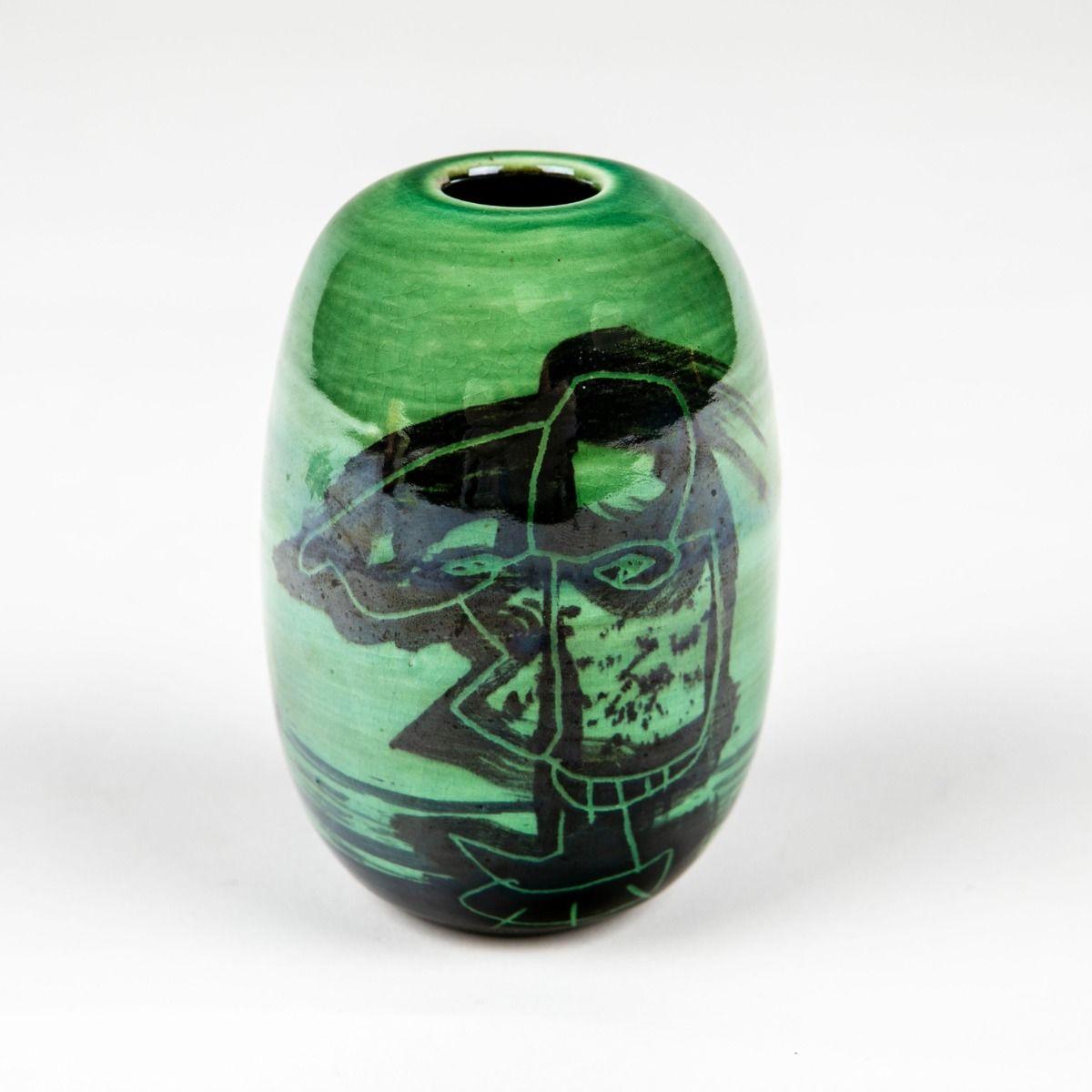 Lene Regius Handcrafted Ceramic Vase with Green Glaze and Graphic Motif, Signed For Sale