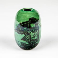 Lene Regius Handcrafted Ceramic Vase with Green Glaze and Graphic Motif, Signed