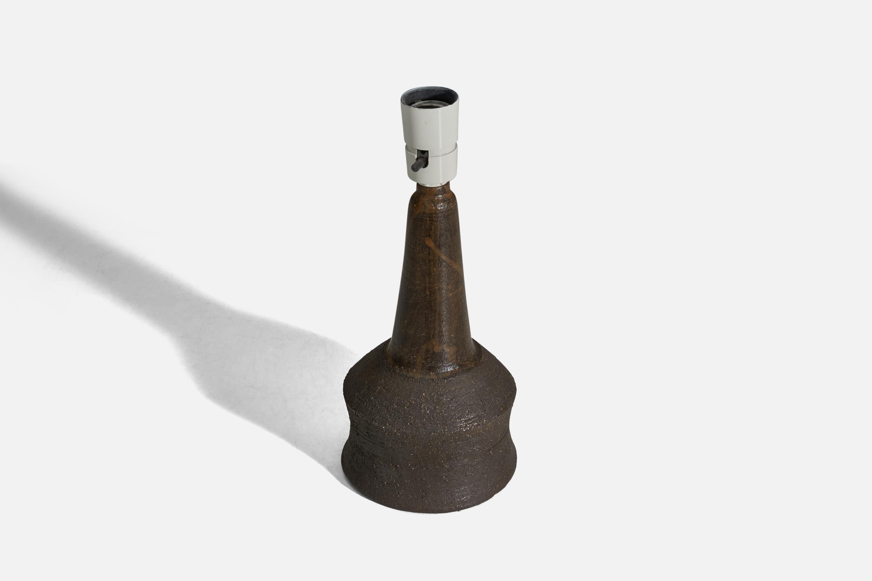 Danish Lene Rykke, Table Lamp, Brown Glazed Stoneware, Denmark, 1960s For Sale