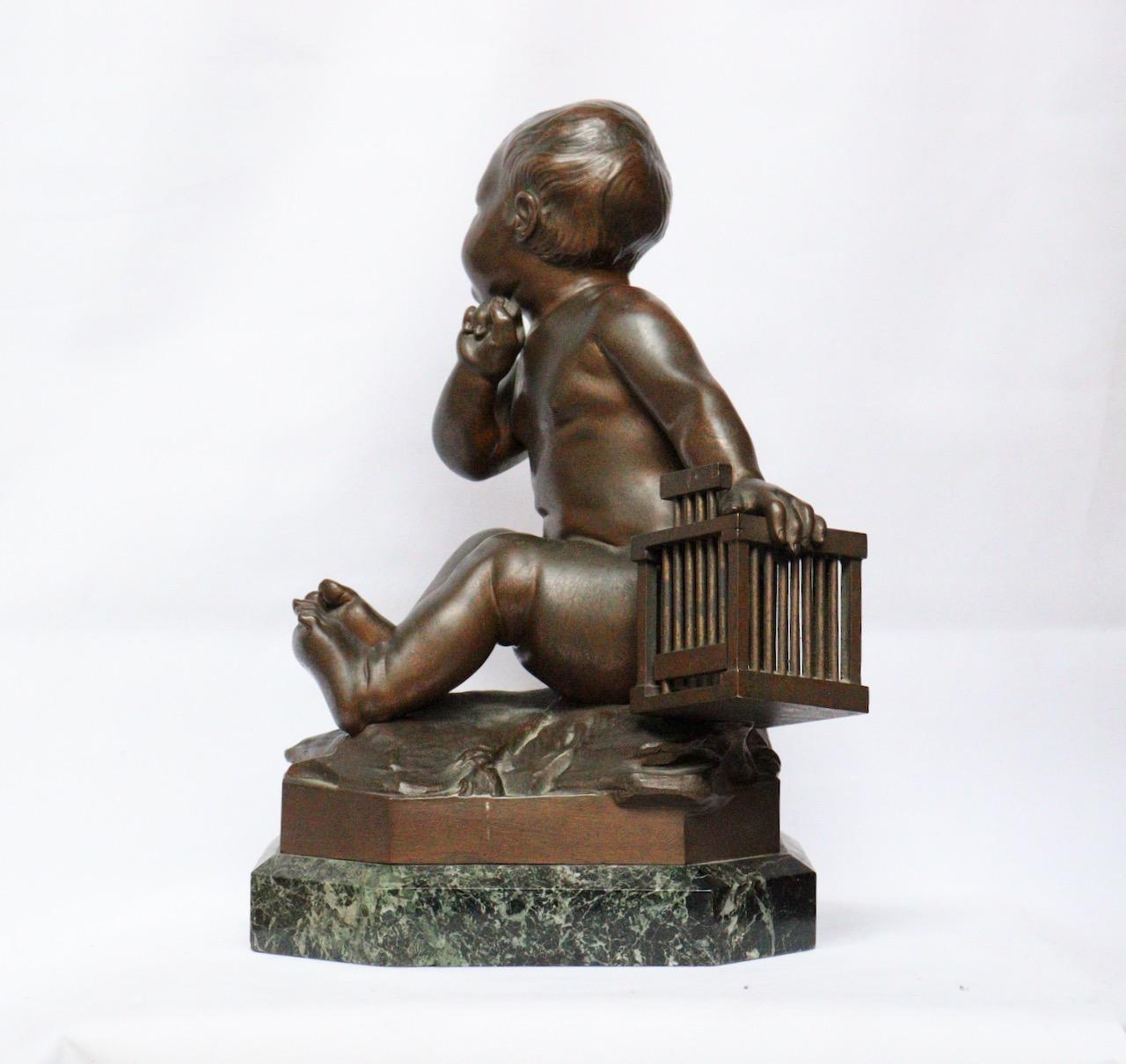 Bronze « L'Enfant la Cage », une figurine en bronze du 19ème siècle d'après Jean-Baptiste Pigalle