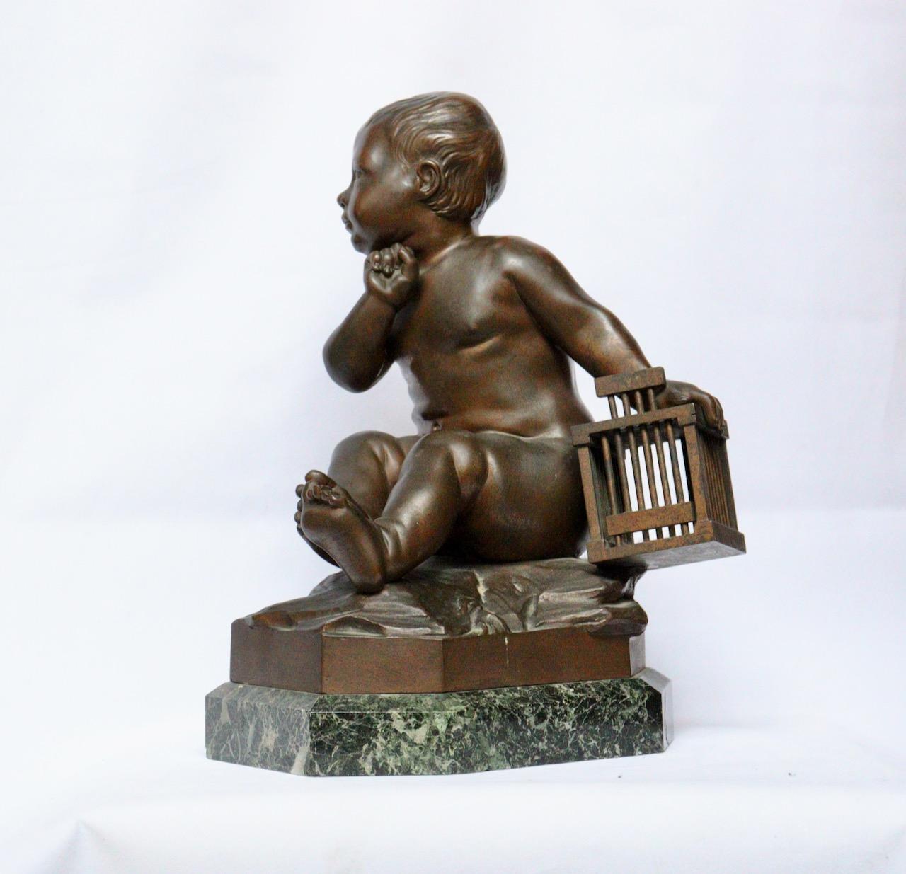 « L'Enfant la Cage », une figurine en bronze du 19ème siècle d'après Jean-Baptiste Pigalle 1