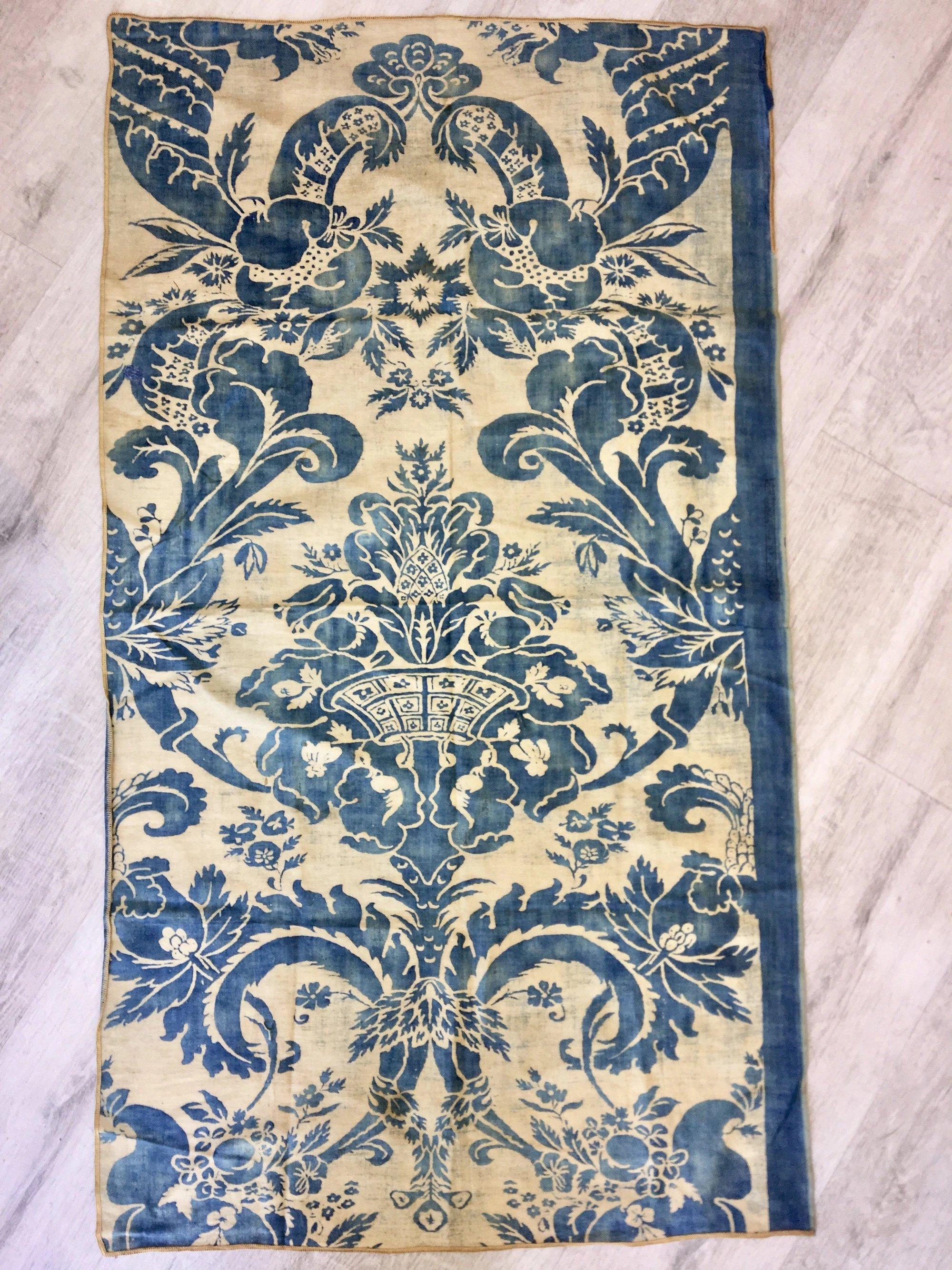Vintage piece of Venetian Fortuny fabric, indigo turquoise tones, over a gold/yellow field, Fine cotton, some small repairs to reverse (see photos) early mid-20th century.