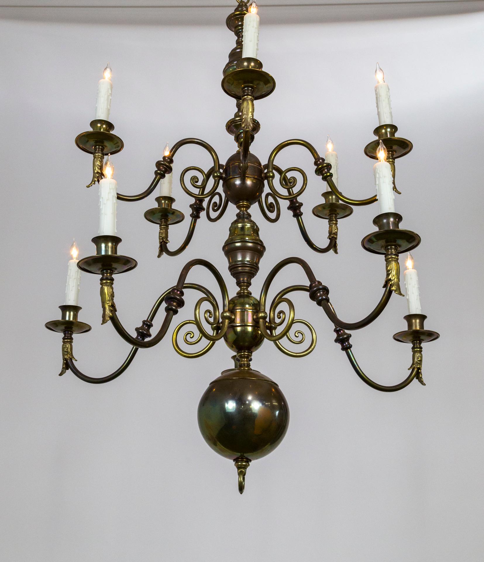 Lengthy Dutch Baroque 2-Tier Brass Scroll Candlestick Chandelier In Good Condition For Sale In San Francisco, CA
