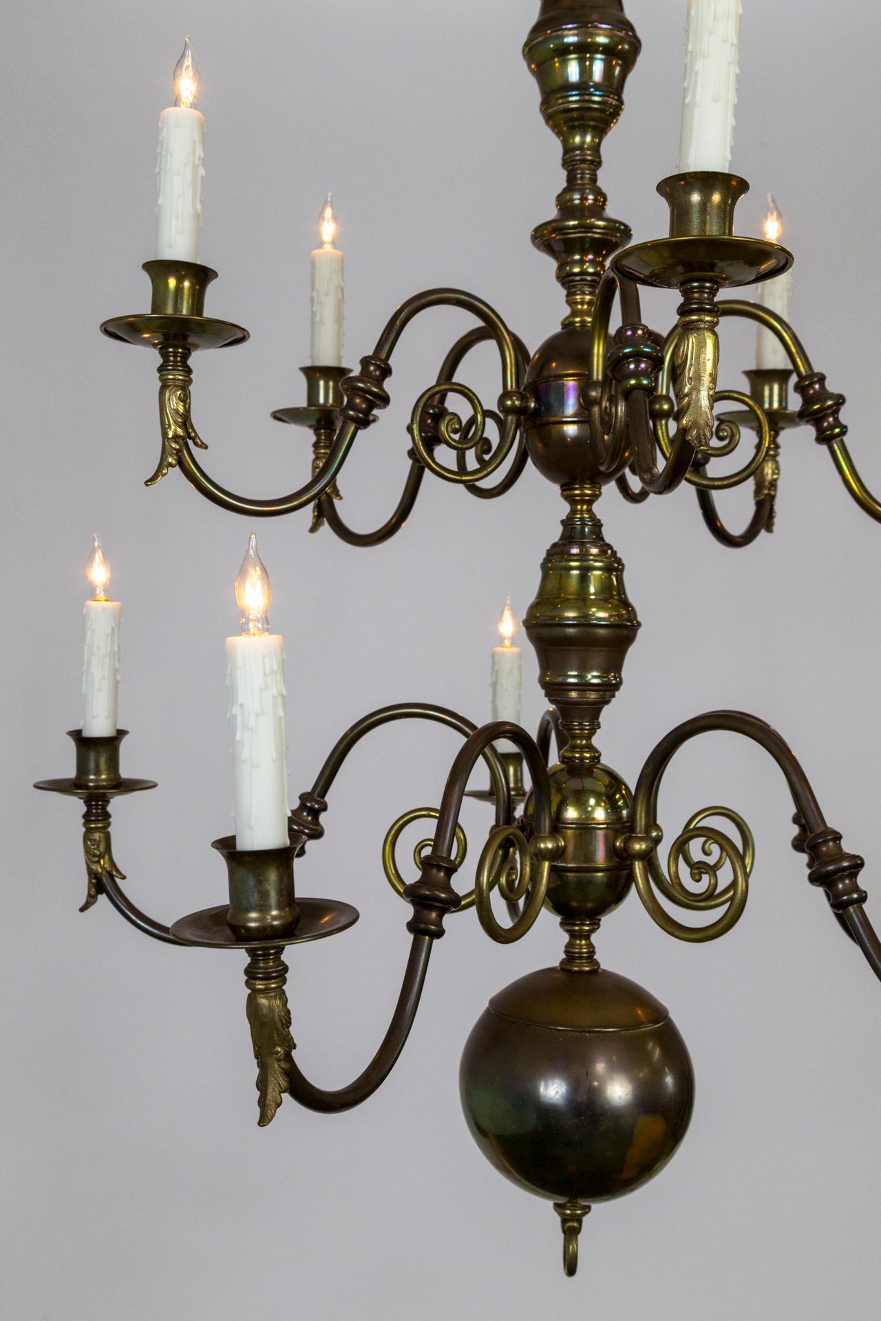 Early 20th Century Lengthy Dutch Baroque 2-Tier Brass Scroll Candlestick Chandelier For Sale