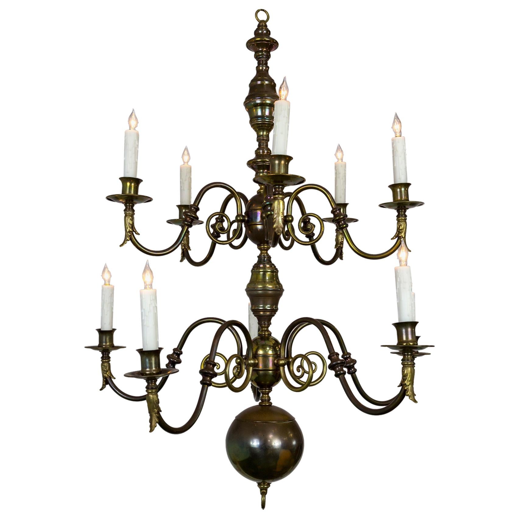 Lengthy Dutch Baroque 2-Tier Brass Scroll Candlestick Chandelier For Sale