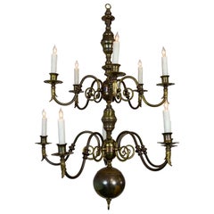 Lengthy Dutch Baroque 2-Tier Brass Scroll Candlestick Chandelier