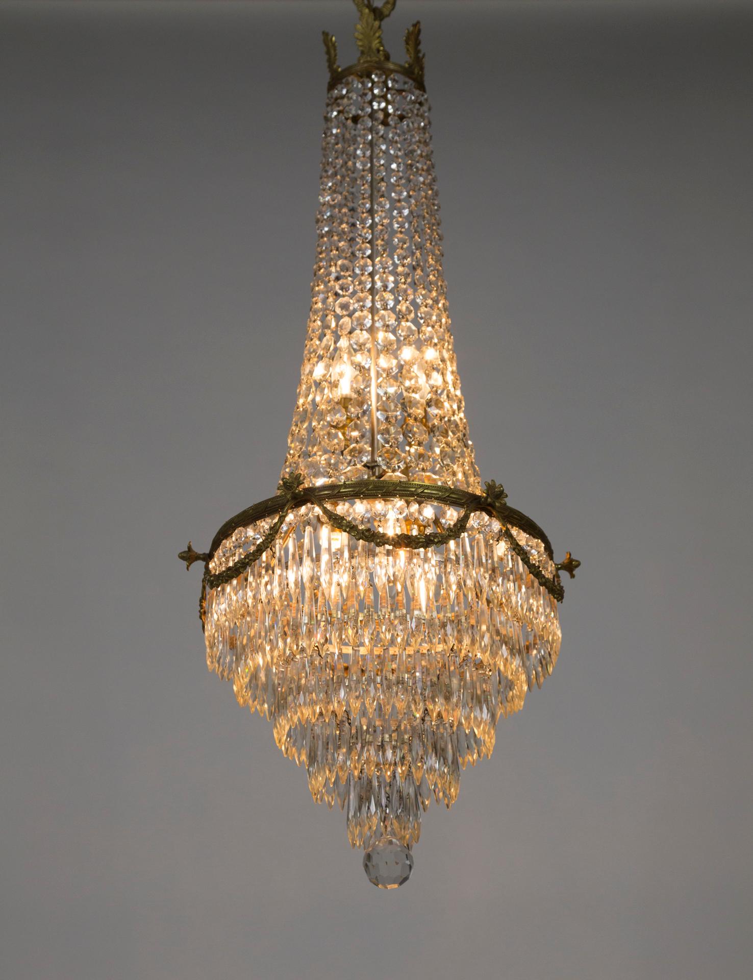 Neoclassical Lengthy Second Empire Crystal & Bronze Basket Chandelier