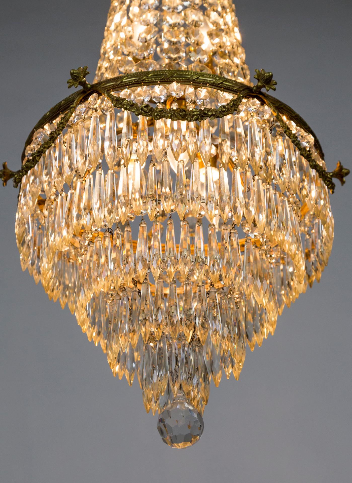 French Lengthy Second Empire Crystal & Bronze Basket Chandelier