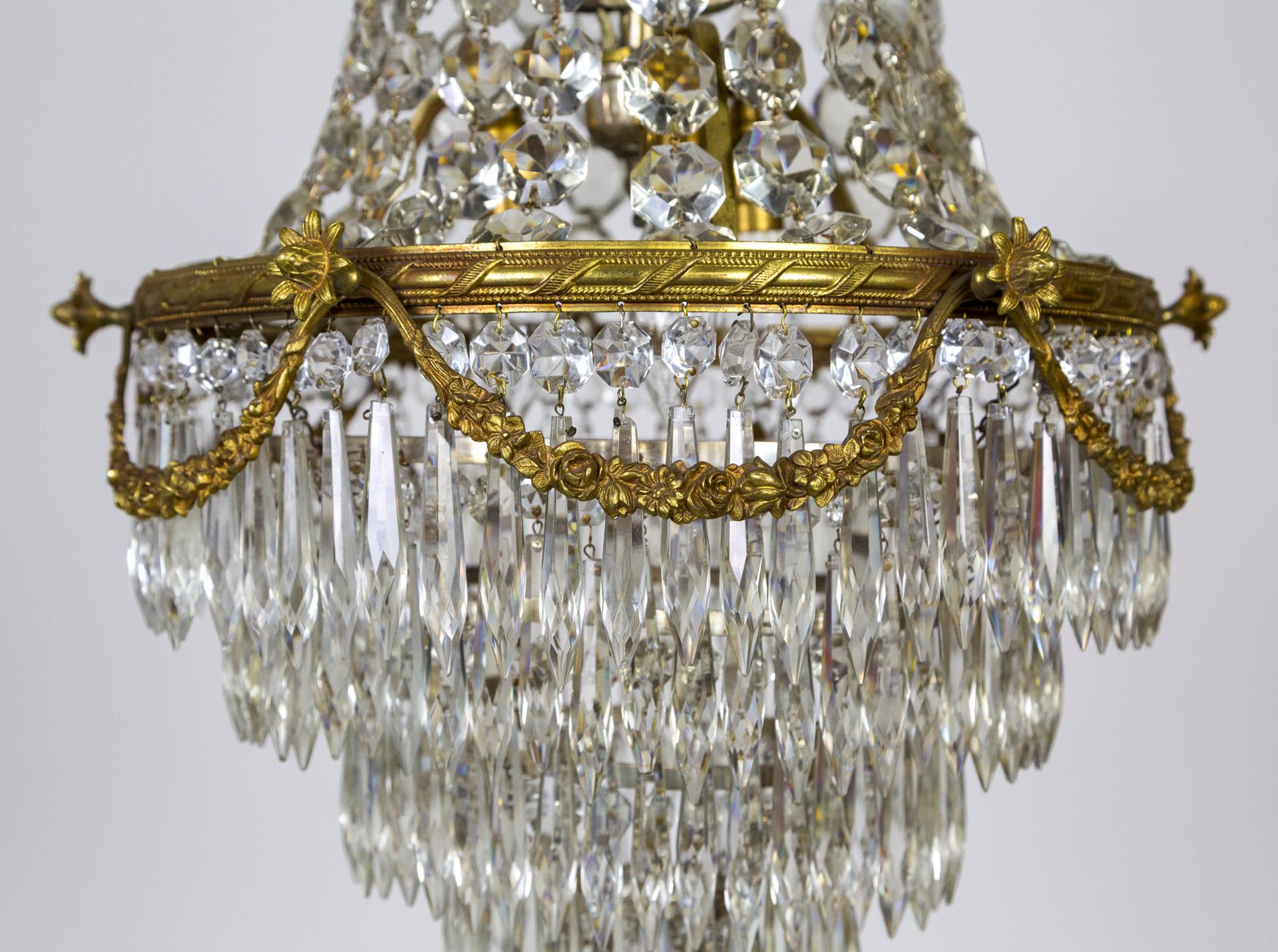 Lengthy Second Empire Crystal & Bronze Basket Chandelier 1