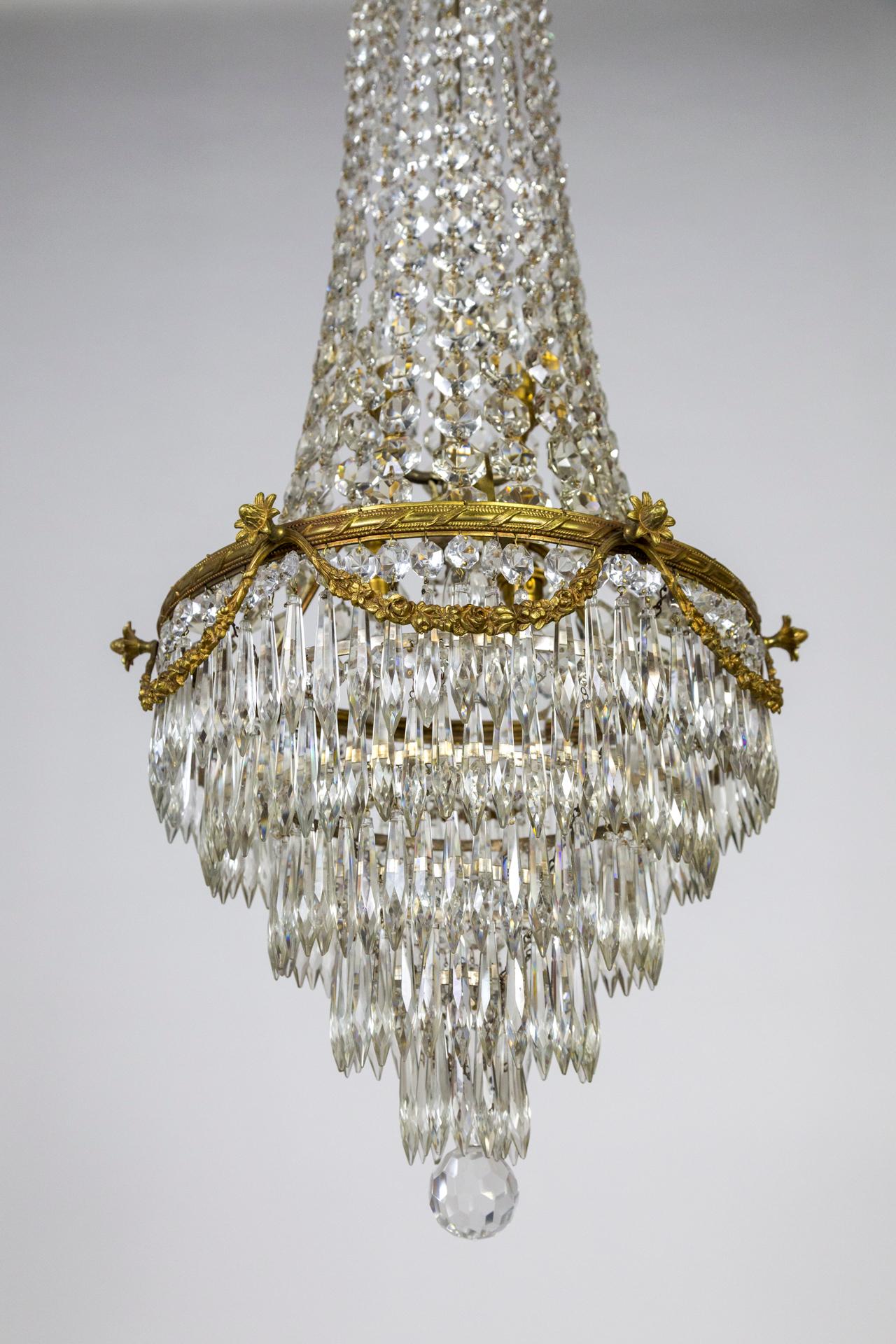 Lengthy Second Empire Crystal & Bronze Basket Chandelier 2