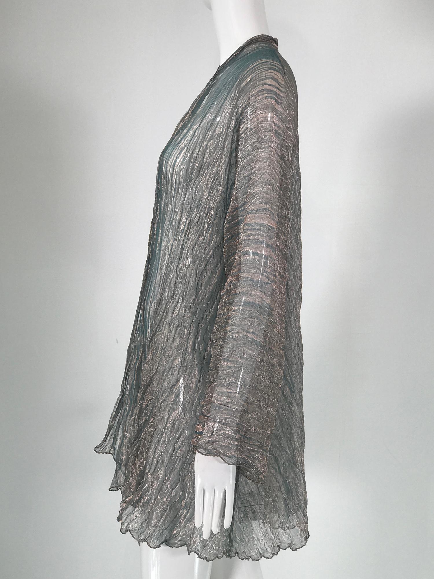 Gray Leni Hoch Art to Wear Verdigris Crinkled Metallic Silk Open Front Coat For Sale