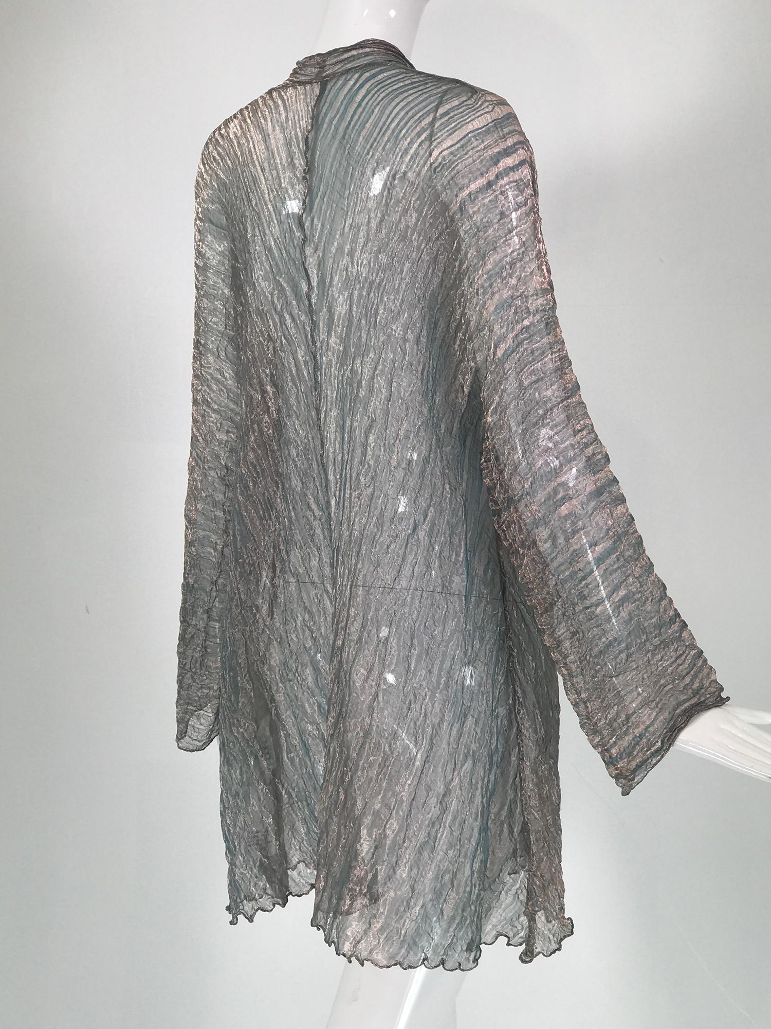 Leni Hoch Art to Wear Verdigris Crinkled Metallic Silk Open Front Coat For Sale 1