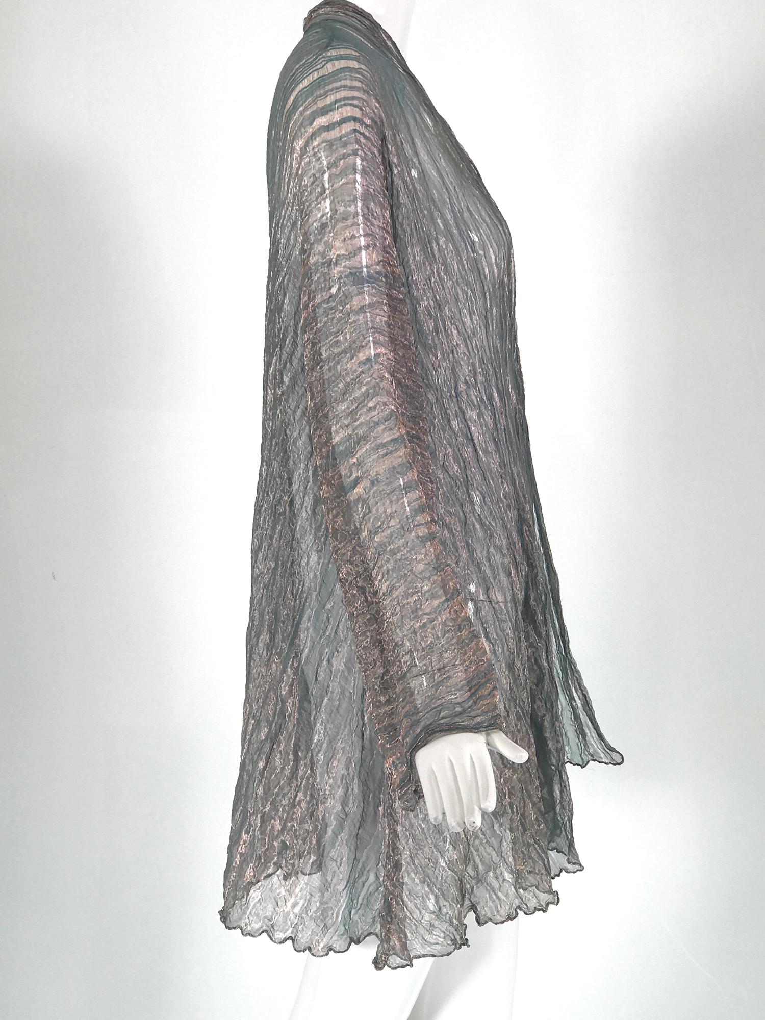 Leni Hoch Art to Wear Verdigris Crinkled Metallic Silk Open Front Coat For Sale 2