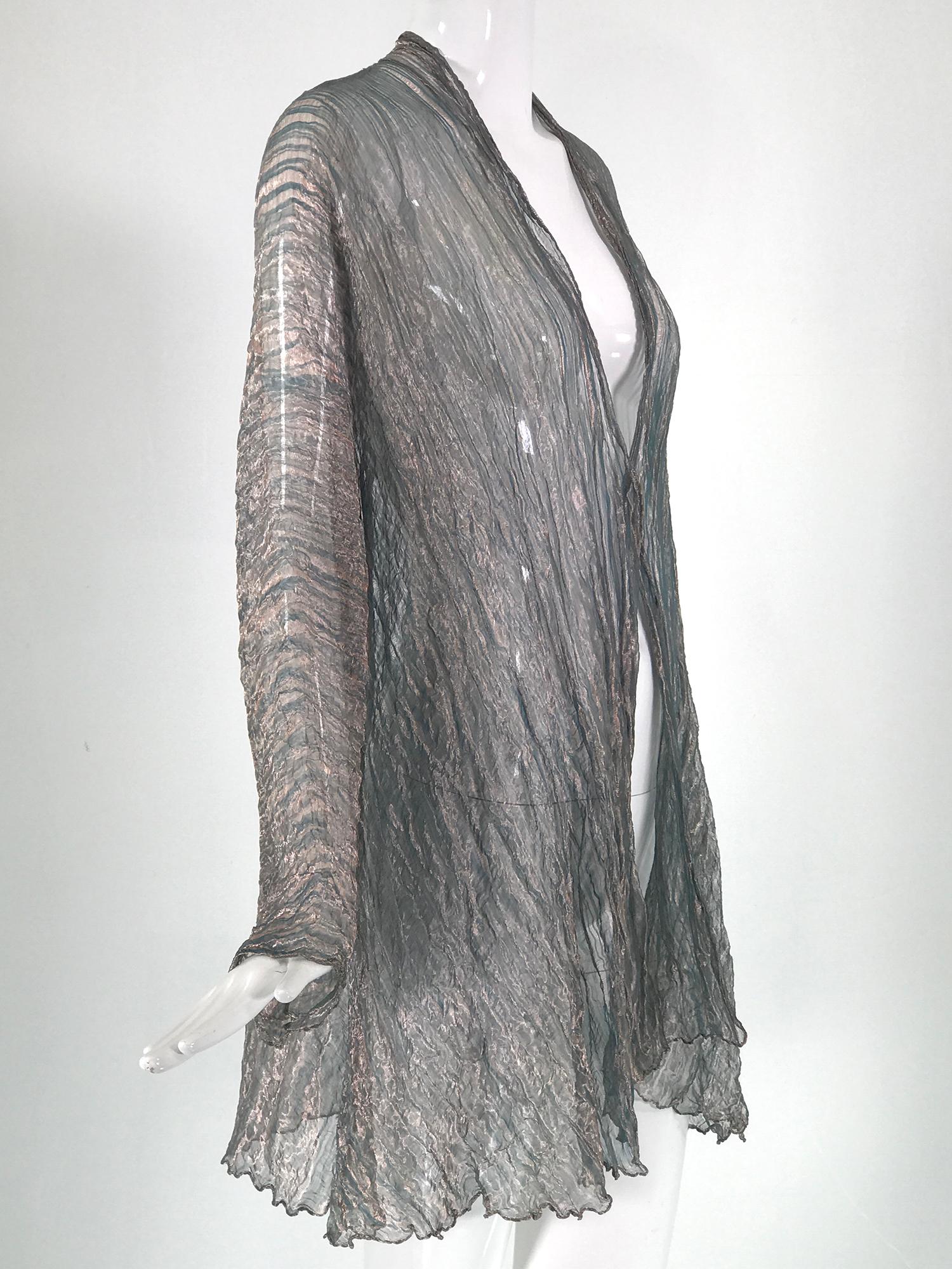 Leni Hoch Art to Wear Verdigris Crinkled Metallic Silk Open Front Coat For Sale 3