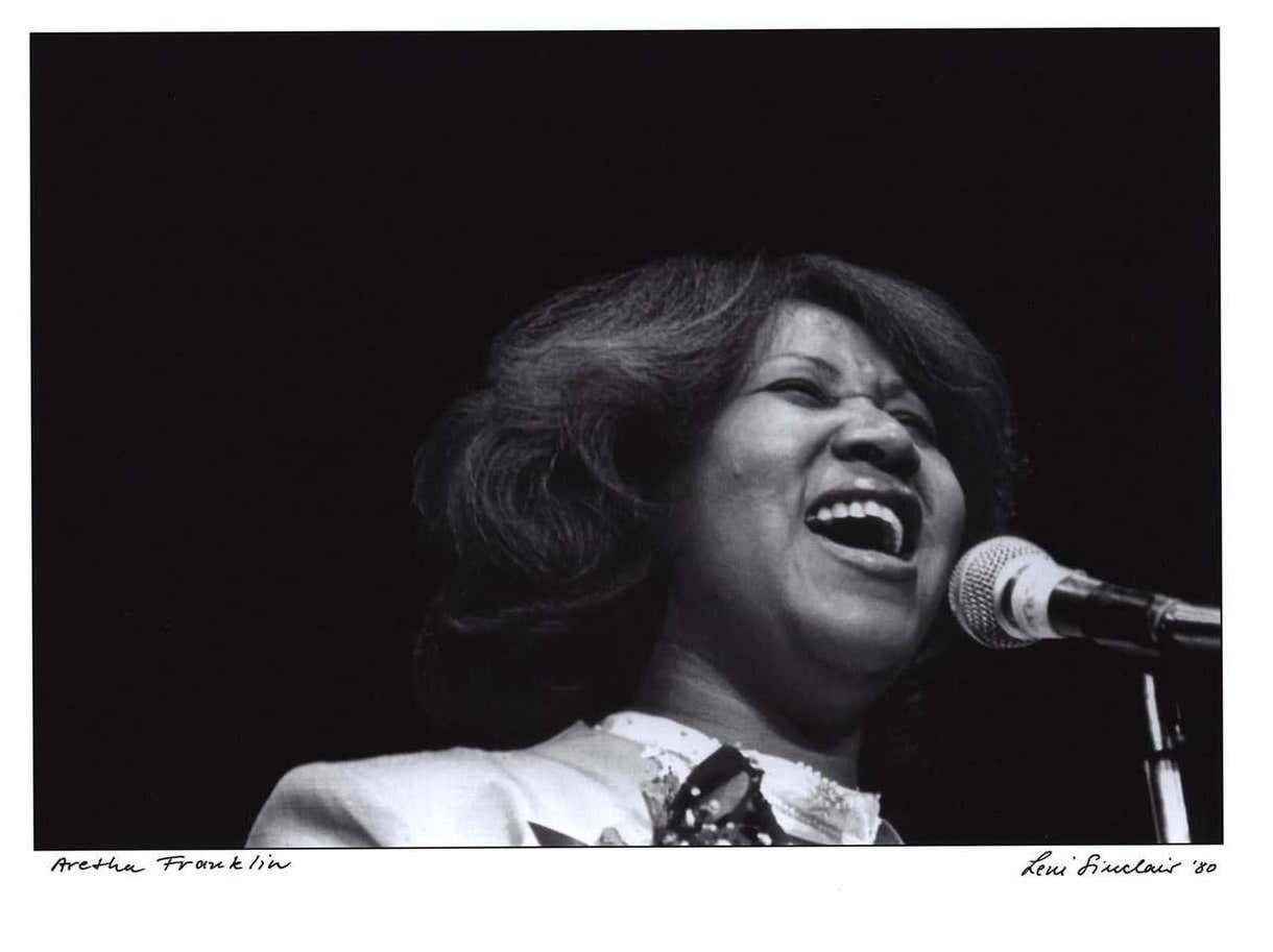 Aretha Franklin photograph Detroit 1980 - Black Black and White Photograph by Leni Sinclair