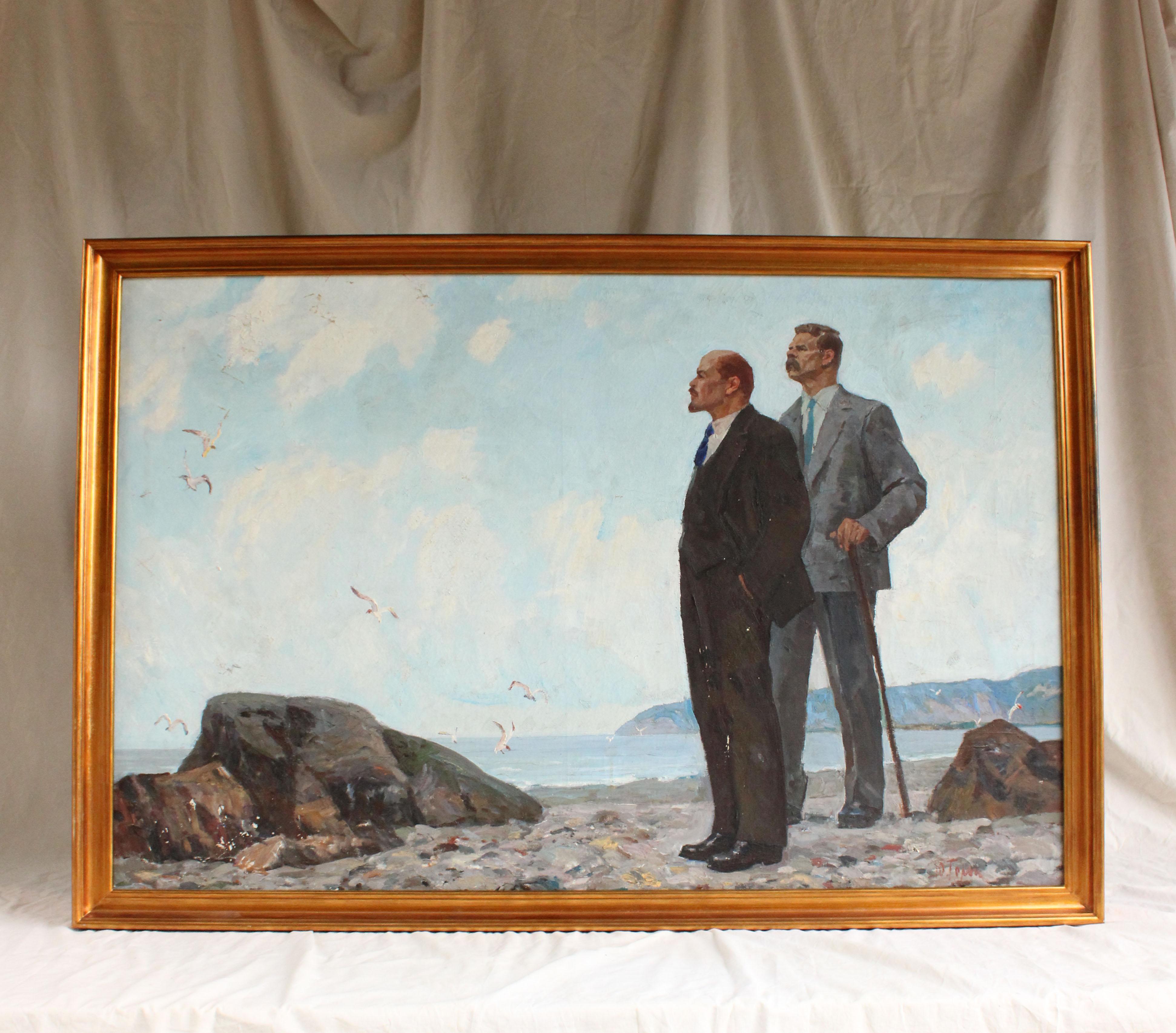 Lenin and Gorky on Capri (1908)
Socialist Realism
Oil on canvas, signed
Engraved and gilded frame
Rare painting depicting the celebrated meeting between Russian writer Maximo Gorky and his friend Lenin on the island of Capri.