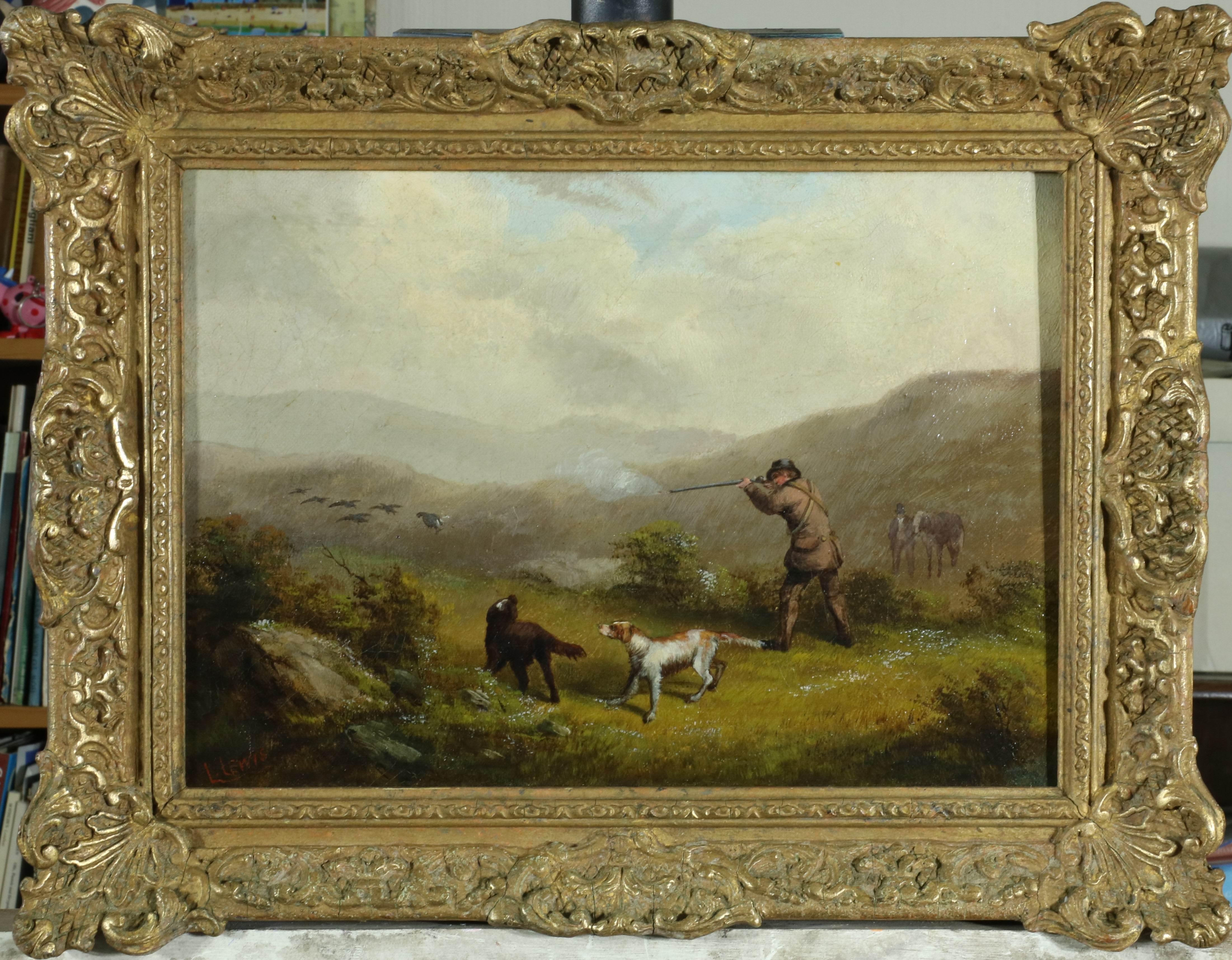 C19 Grouse Shoot Gun with Hunting Dogs and grouse in hilly landscape, Oil  - Painting by Lennard Lewis