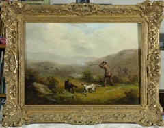 Victorian Landscape Oil of Grouse Shoot Hunter with Hunting Dogs and grouse