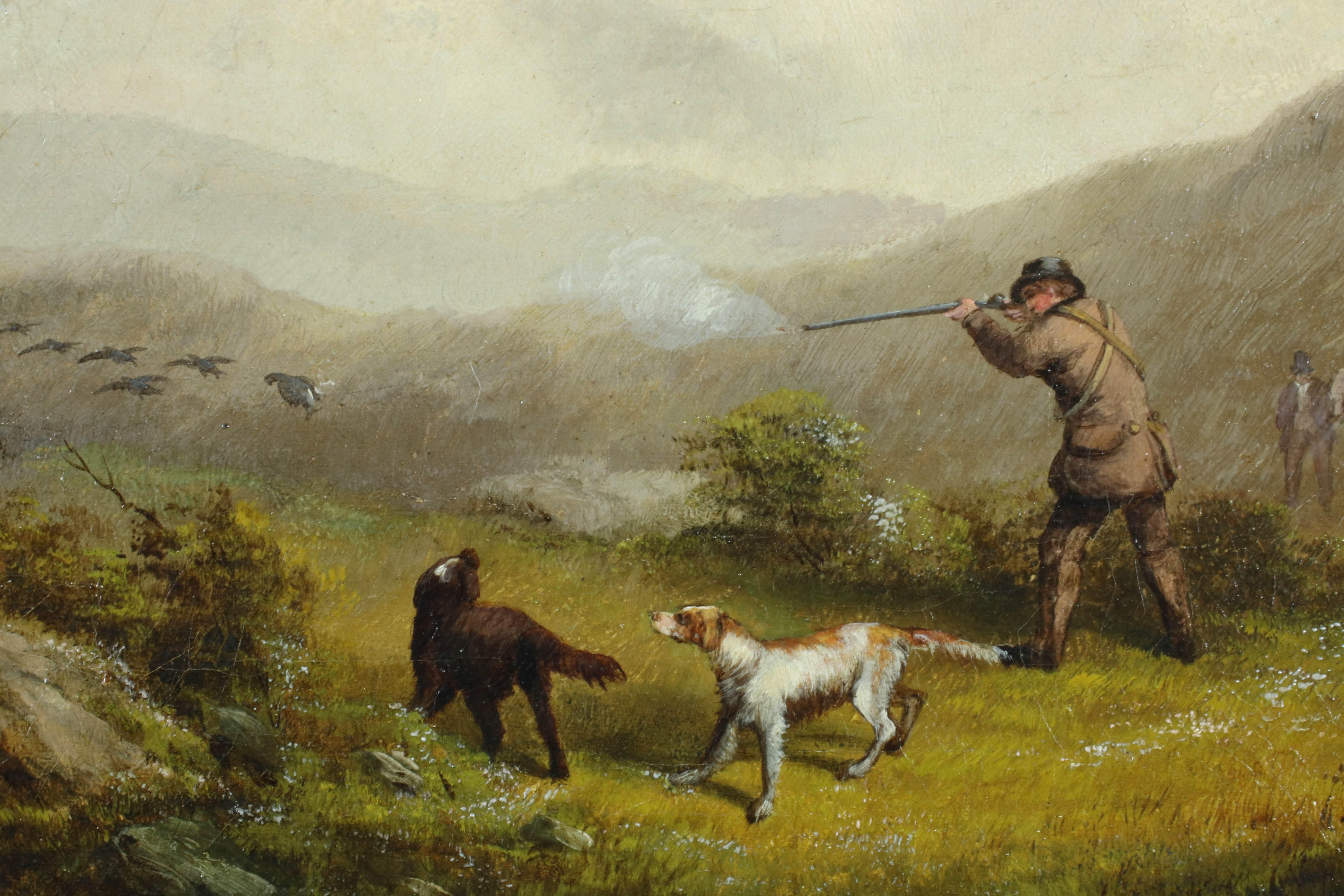The Grouse Shoot, 19th century Gun shooting Grouse with Gun dogs and hilly landscape
Oil on Canvas on original stretchers, housed in its original bronzed frame.

This is a very special oil painting and quite a rare one too.  It is not often you can