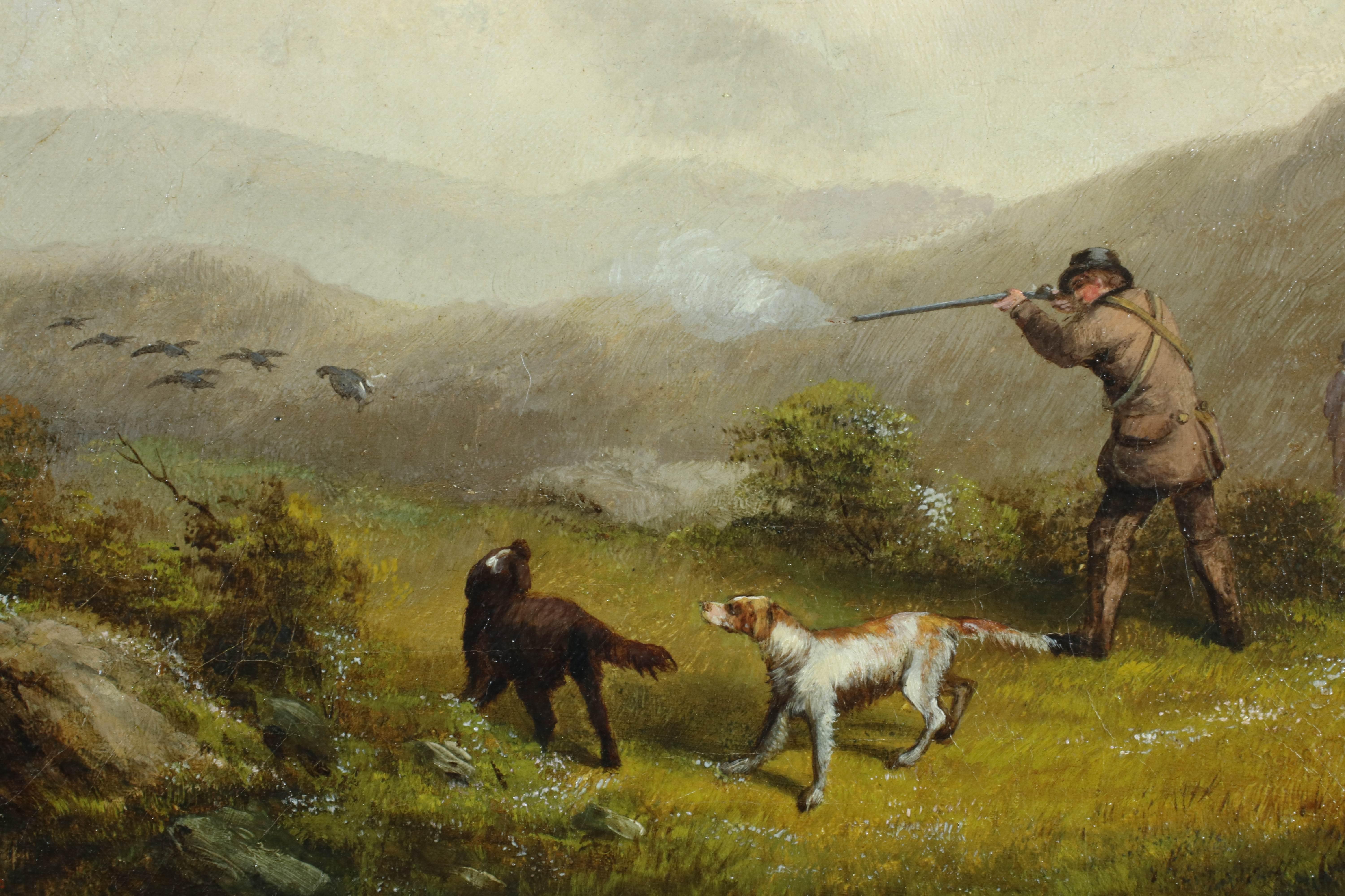 C19 Grouse Shoot Gun with Hunting Dogs and grouse in hilly landscape, Oil  For Sale 1