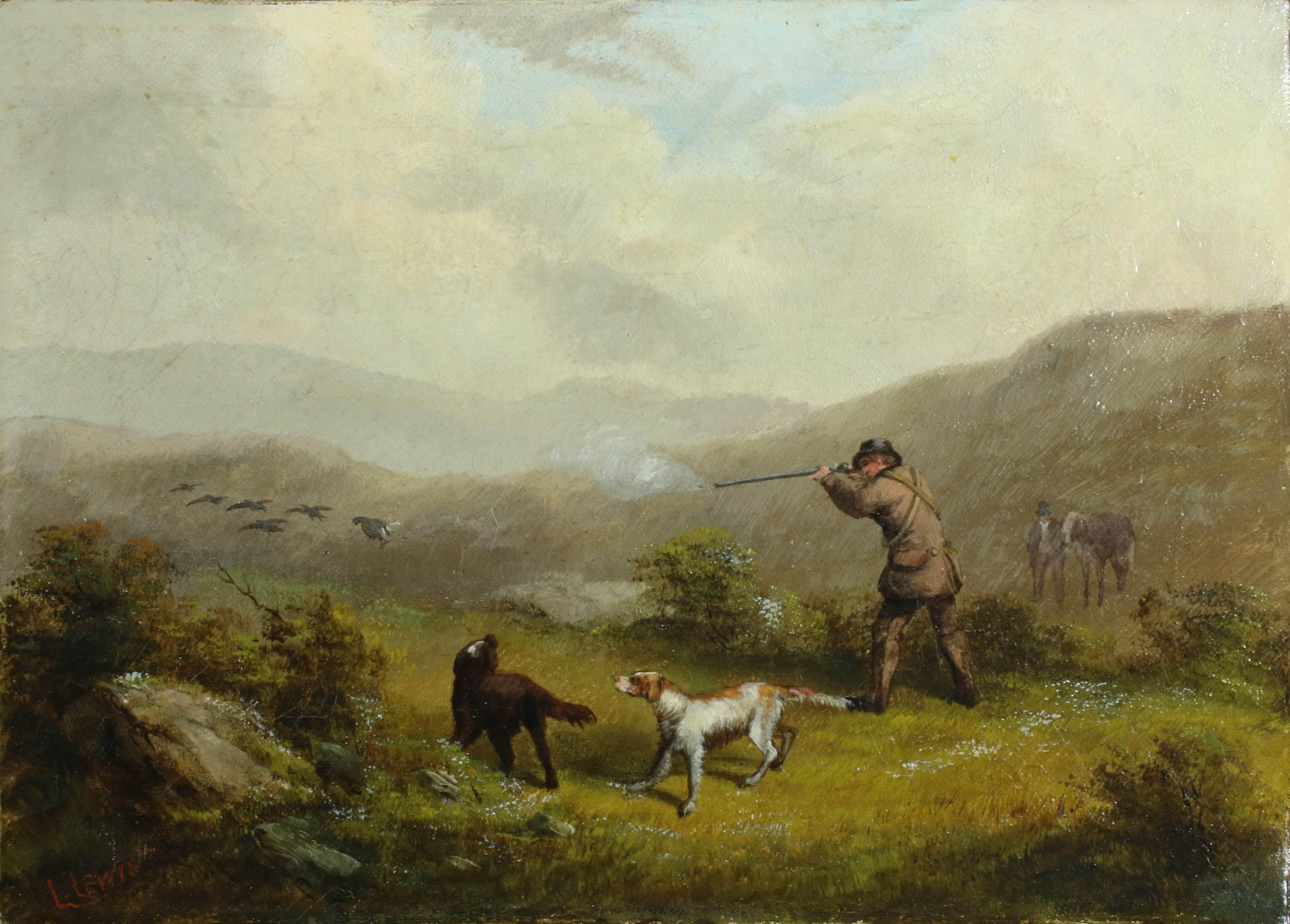 The Grouse Shoot 19th Century Gun with Dogs and grouse in hilly landscape, Oil 