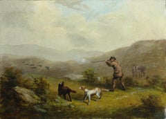 Antique C19 Grouse Shoot Gun with Hunting Dogs and grouse in hilly landscape, Oil 