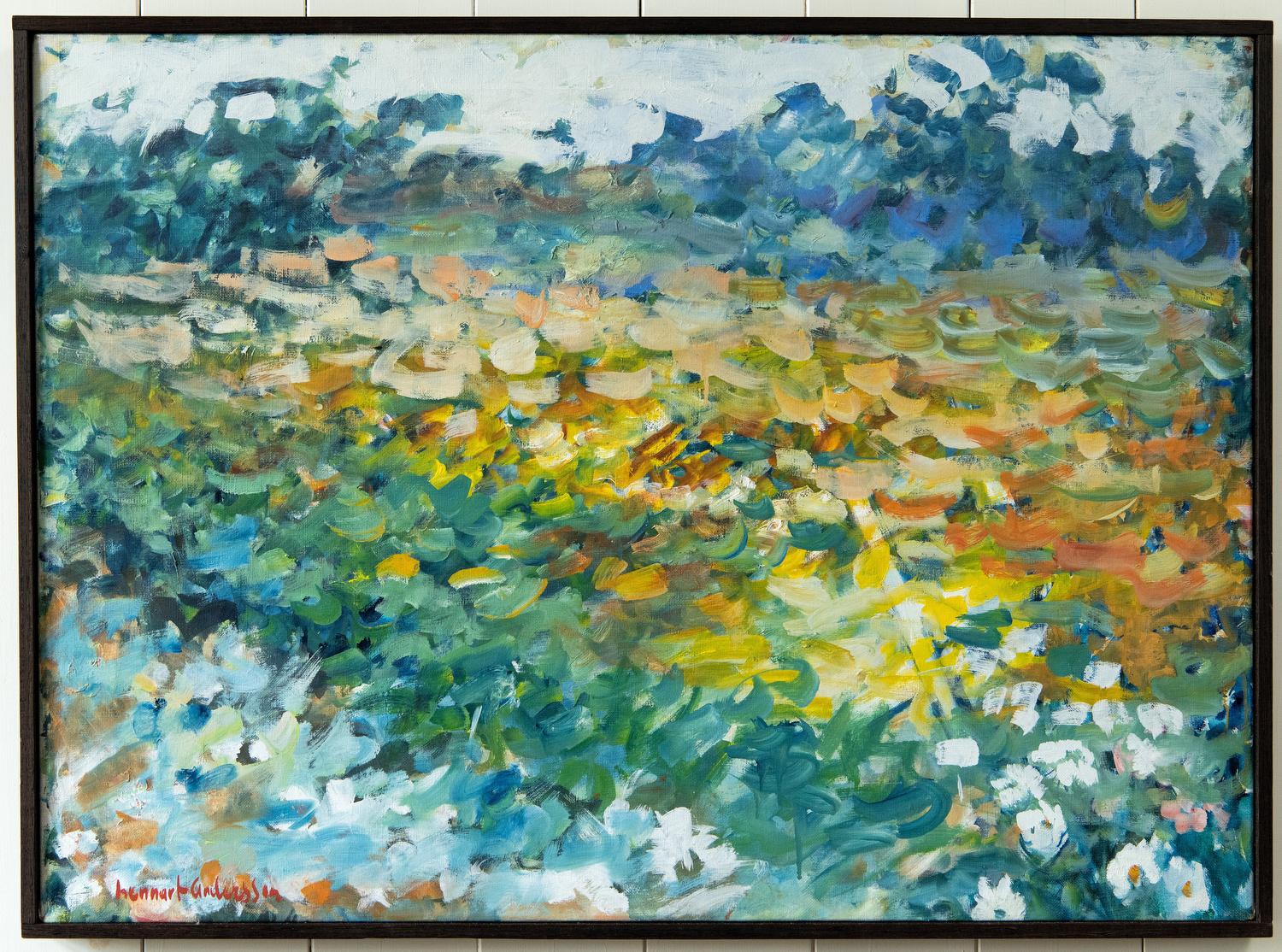 Questo grande dipinto a olio contemporaneo cattura l'essenza di un paesaggio floreale vibrante e vivace. Le pennellate di ispirazione impressionistica e l'euforica tavolozza di colori creano un equilibrio armonioso tra i toni brillanti del giallo e