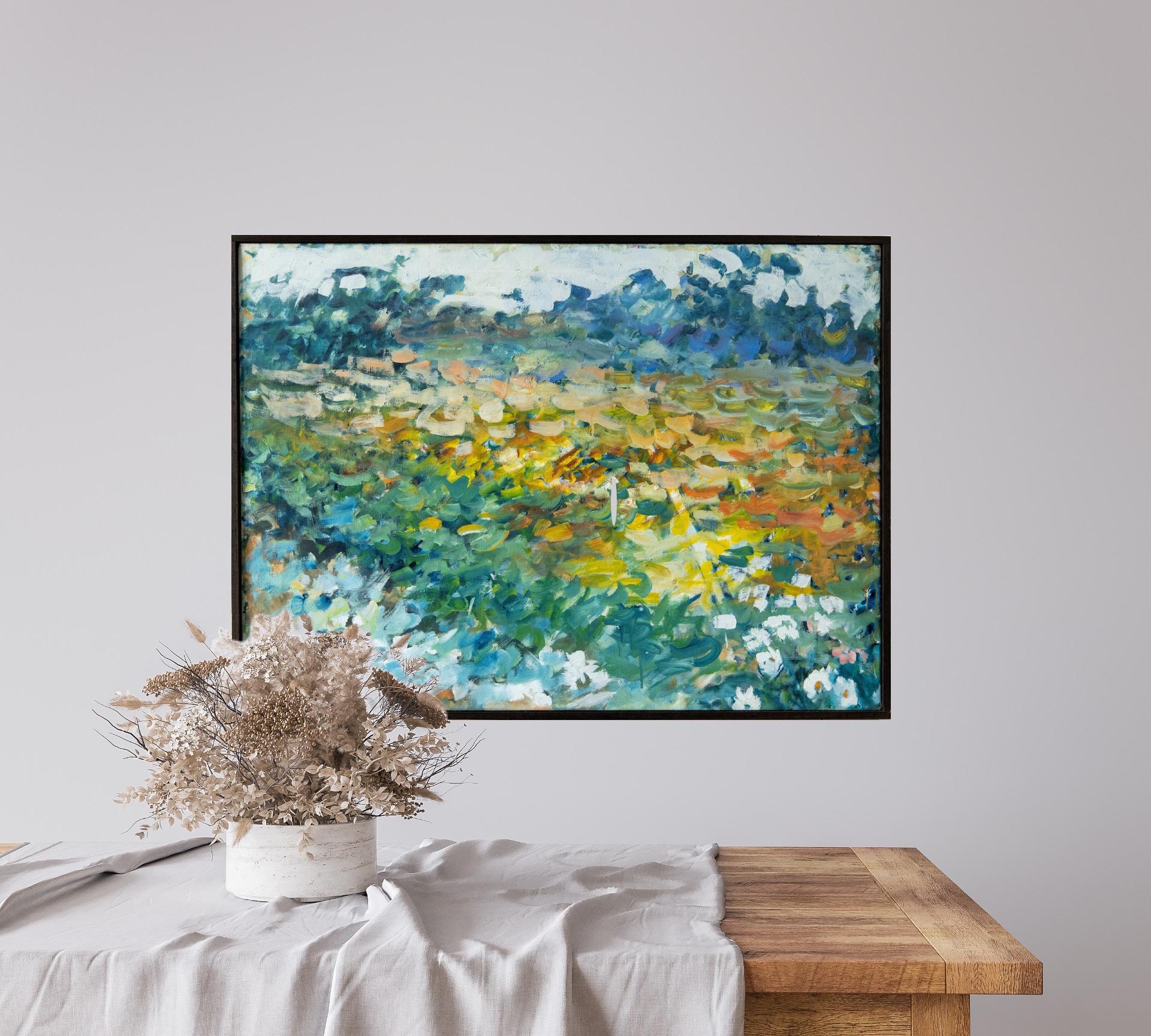 Grande paesaggio astratto contemporaneo blu con fiori di Lennart Andersson 2