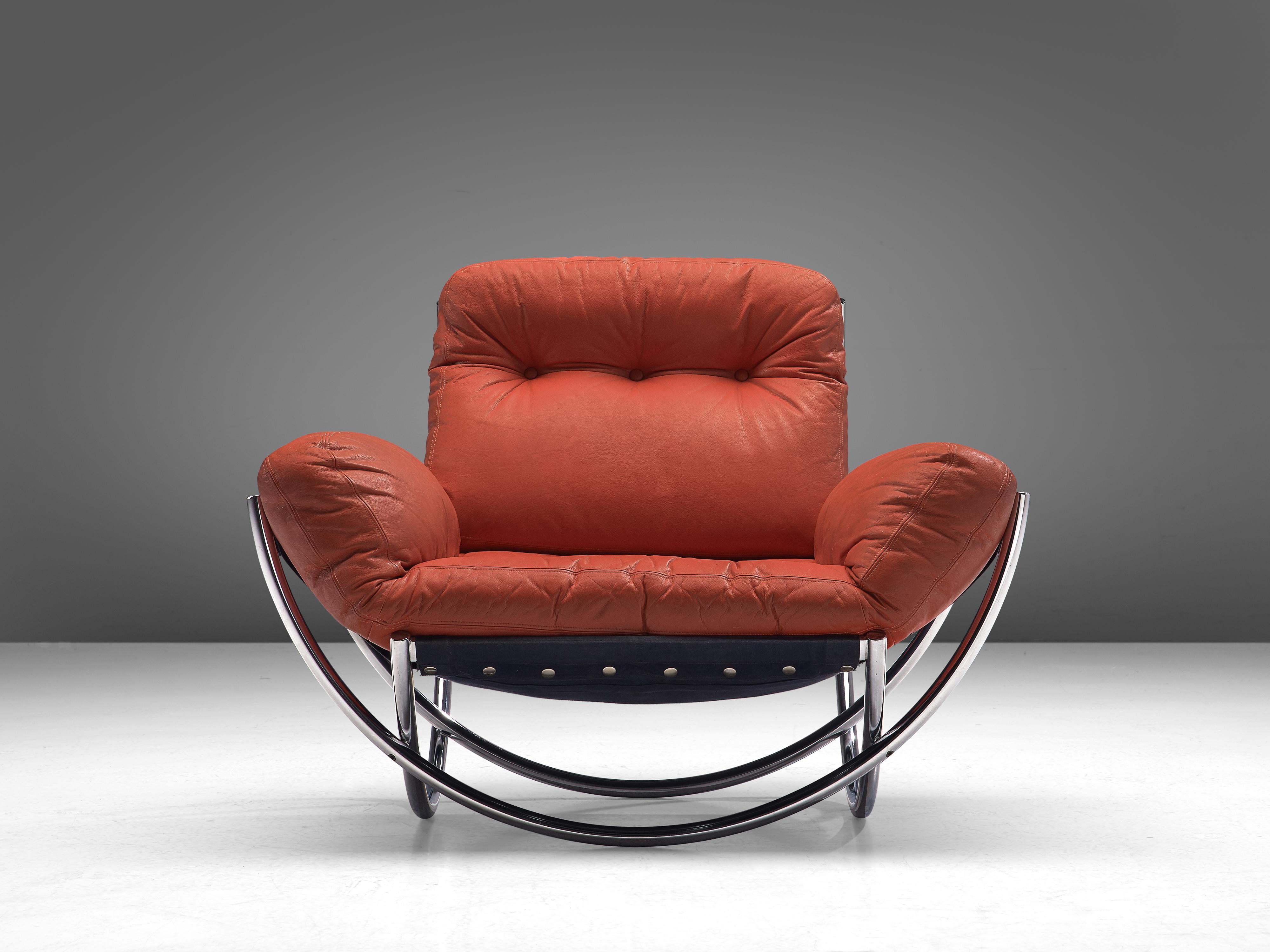 Lennart Bender for AB Wilo, 'Wilo' lounge chair, leather, fabric, chromed steel, Sweden, 1968

Modern lounge chair designed by the Swedish designer Lennart Bender. The model features a quintessential tubular chromed frame, consisting of four