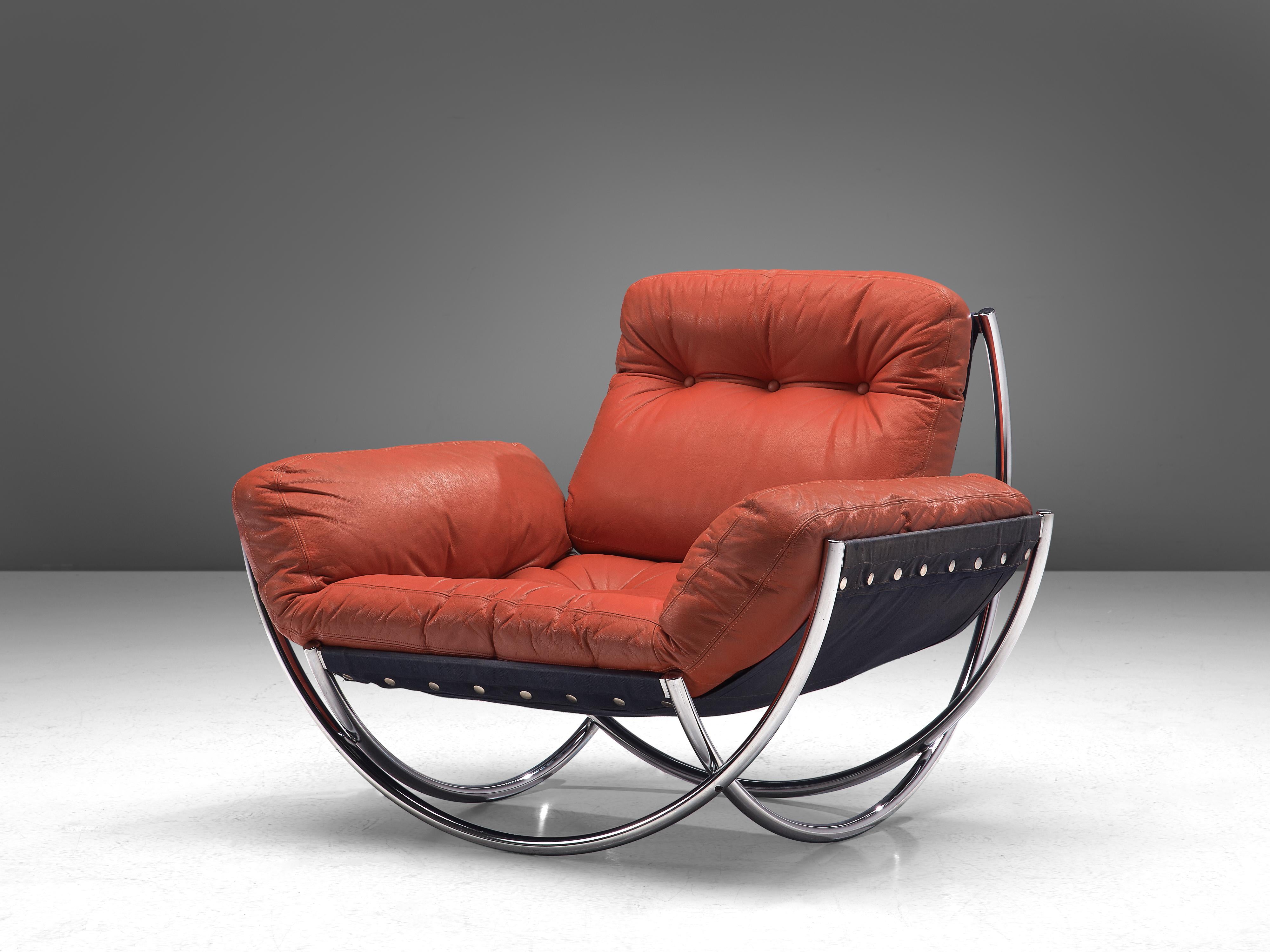 Mid-Century Modern Lennart Bender for AB Wilo 'Wibroo' Lounge Chair in Chrome and Red Leather