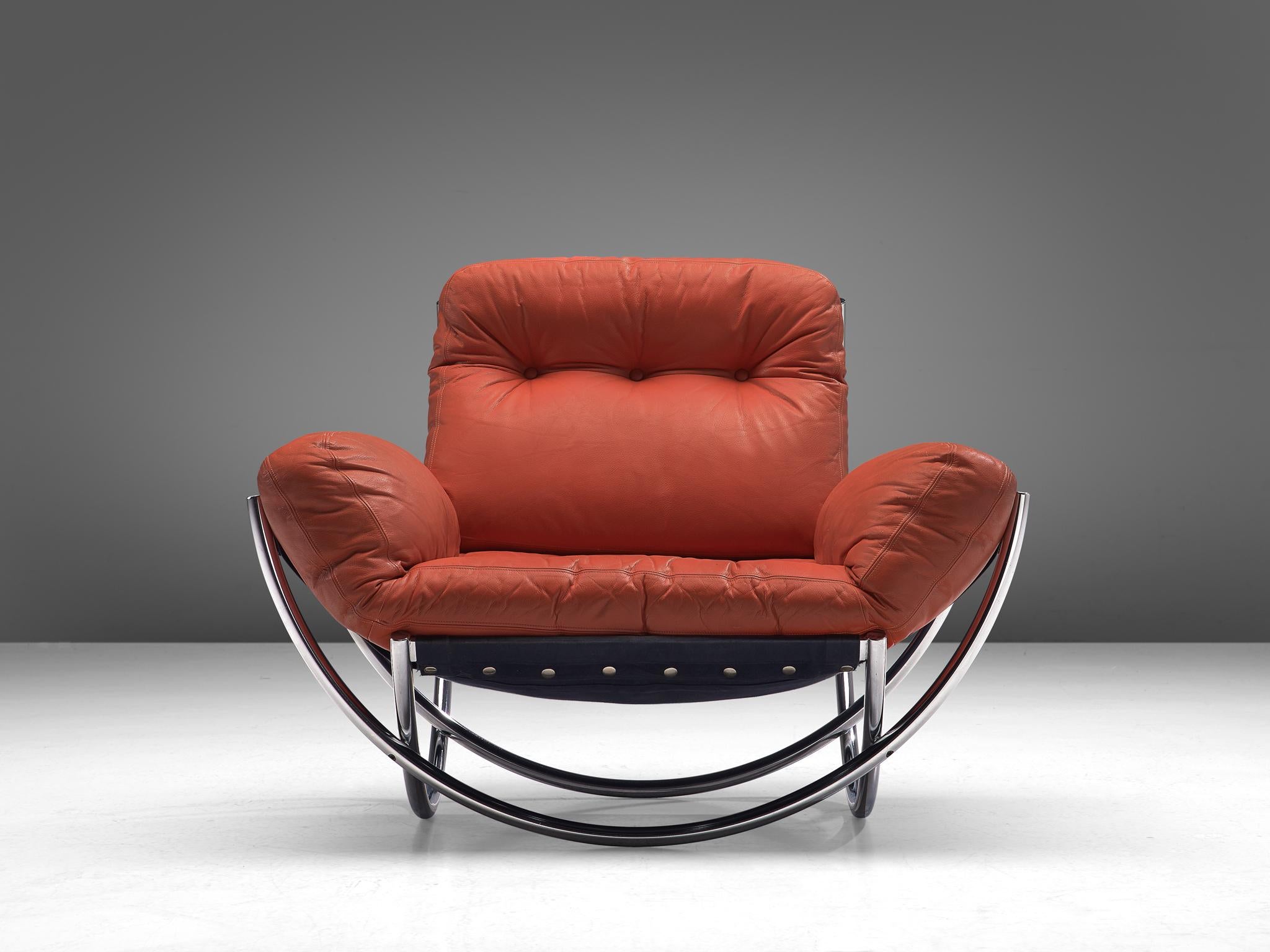 Lennart Bender for Wibro AB, 'Wilo' lounge chair, leather, fabric and chromed steel, Sweden, 1967.

Modern lounge chair designed by the Swede Lennart Bender. The model feature a quintessential tubular chromed frame, consisting of four semicircles