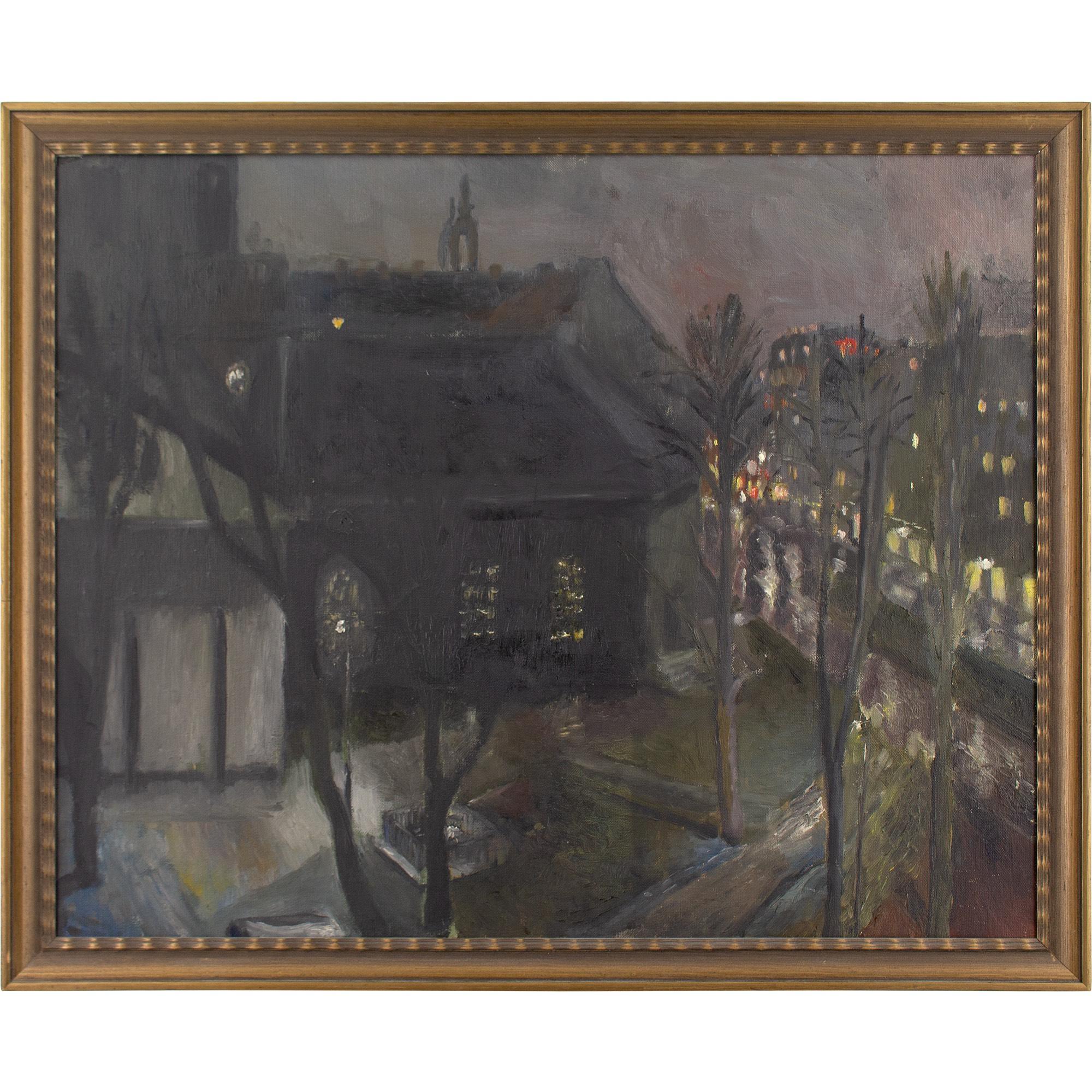 This mid-20th-century nocturne by Swedish artist Lennart Jacobson depicts an elevated urban view, perhaps in Stockholm.

The title ‘April Evening’ suggests a tranquil landscape bathed in the final embers of a broad sunset. Daubs of flora, distant