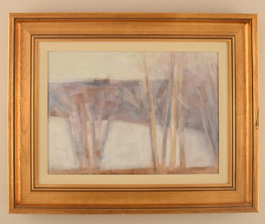 Lennart Palmér (1918-2003), Sweden. Oil on canvas. 
Modernist landscape with trees. 1960s.
The canvas measures: 31.5 x 22.5 cm.
The frame measures: 6.5 cm.
In excellent condition.
Signed.